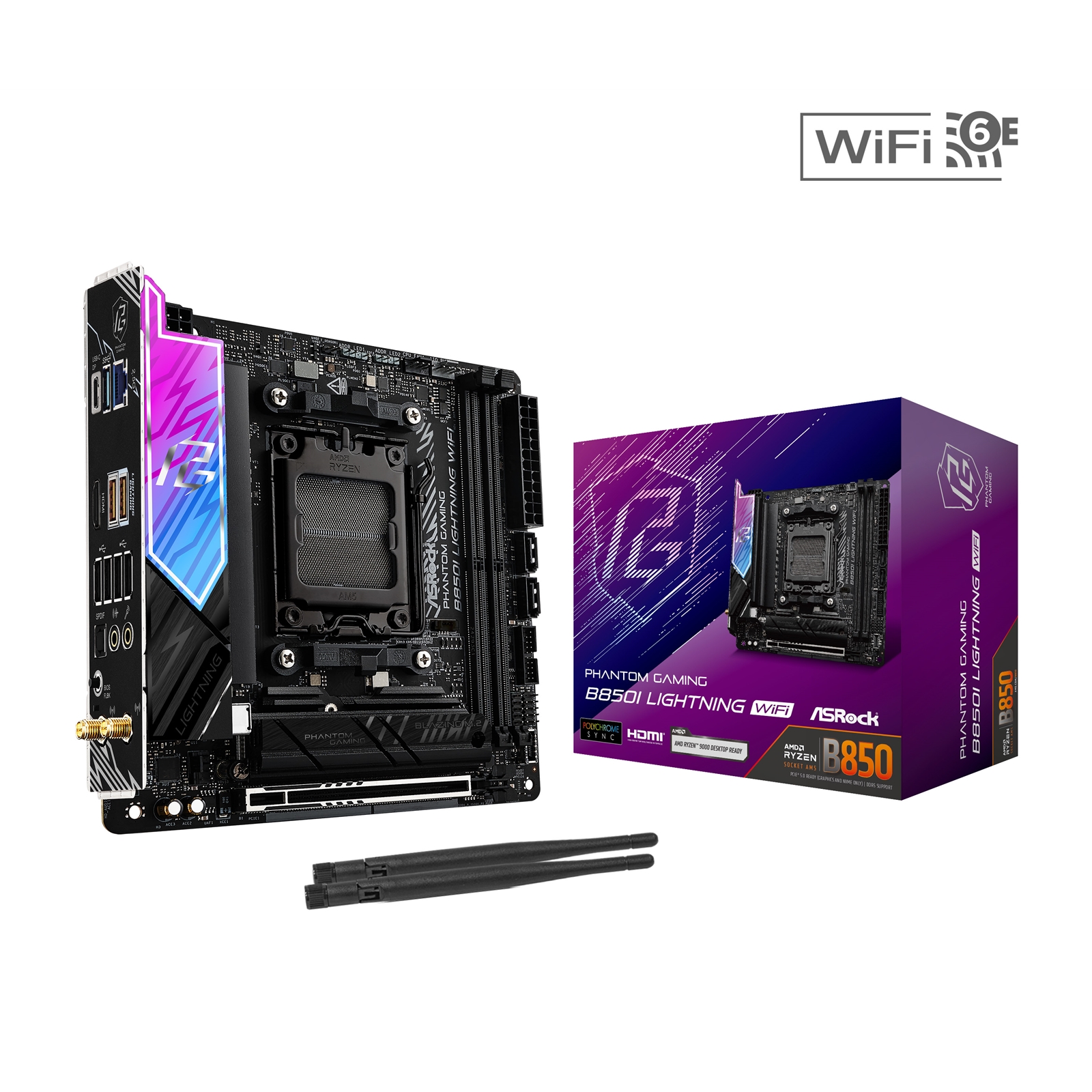 (image for) ASRock B850I Lightning WiFi PHANTOM GAMING AMD AM5 Socket Motherboard, Mini-ITX, 2x DDR5 Slots, 2x M.2 Sockets, 2x USB-C Port, Fitted I/O Shield, 2.5GbE LAN, Wi-Fi 6E, 1x HDMI Port / 1x USB-C