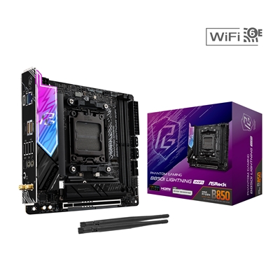 ASRock B850I Lightning WiFi PHANTOM GAMING AMD AM5 Socket Motherboard, Mini-ITX, 2x DDR5 Slots, 2x M.2 Sockets, Fitted I/O Shield, 2.5GbE LAN, Wi-Fi 6E, 1x HDMI Port / 1x USB-C