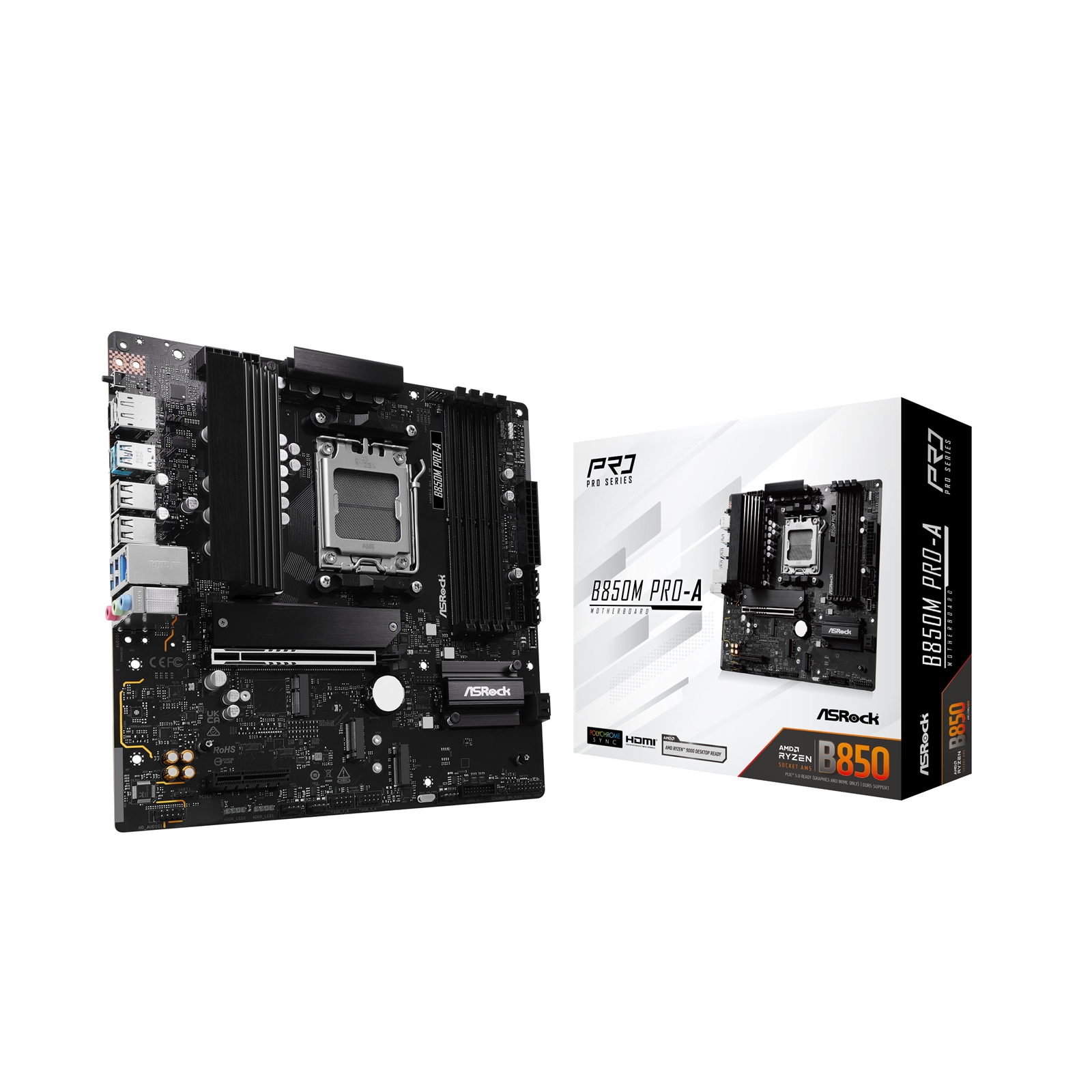 (image for) ASRock B850M Pro-A AMD AM5 Socket Motherboard, Micro-ATX, 4x DDR5 Slots, 3x M.2 Sockets, 2x USB-C Port, 2.5GbE LAN, 1x DisplayPort / 1x HDMI Port