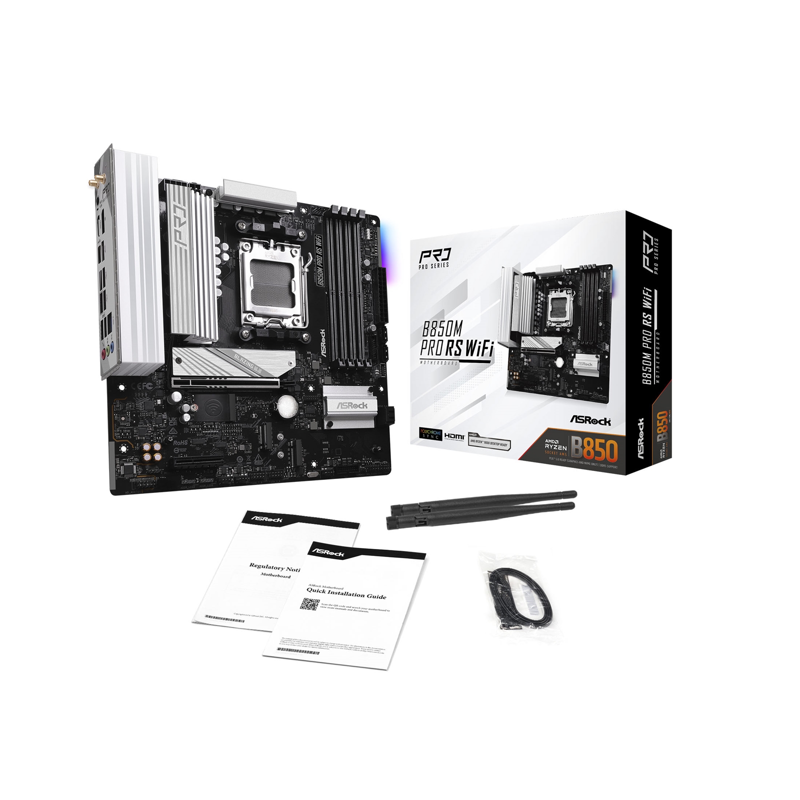 (image for) ASRock B850M Pro RS WiFi AMD AM5 Socket Motherboard, Micro-ATX, 4x DDR5 Slots, 3x M.2 Sockets, 2x USB-C Port, Fitted I/O Shield, 2.5GbE LAN, Wi-Fi 6E, 1x DisplayPort / 1x HDMI Port