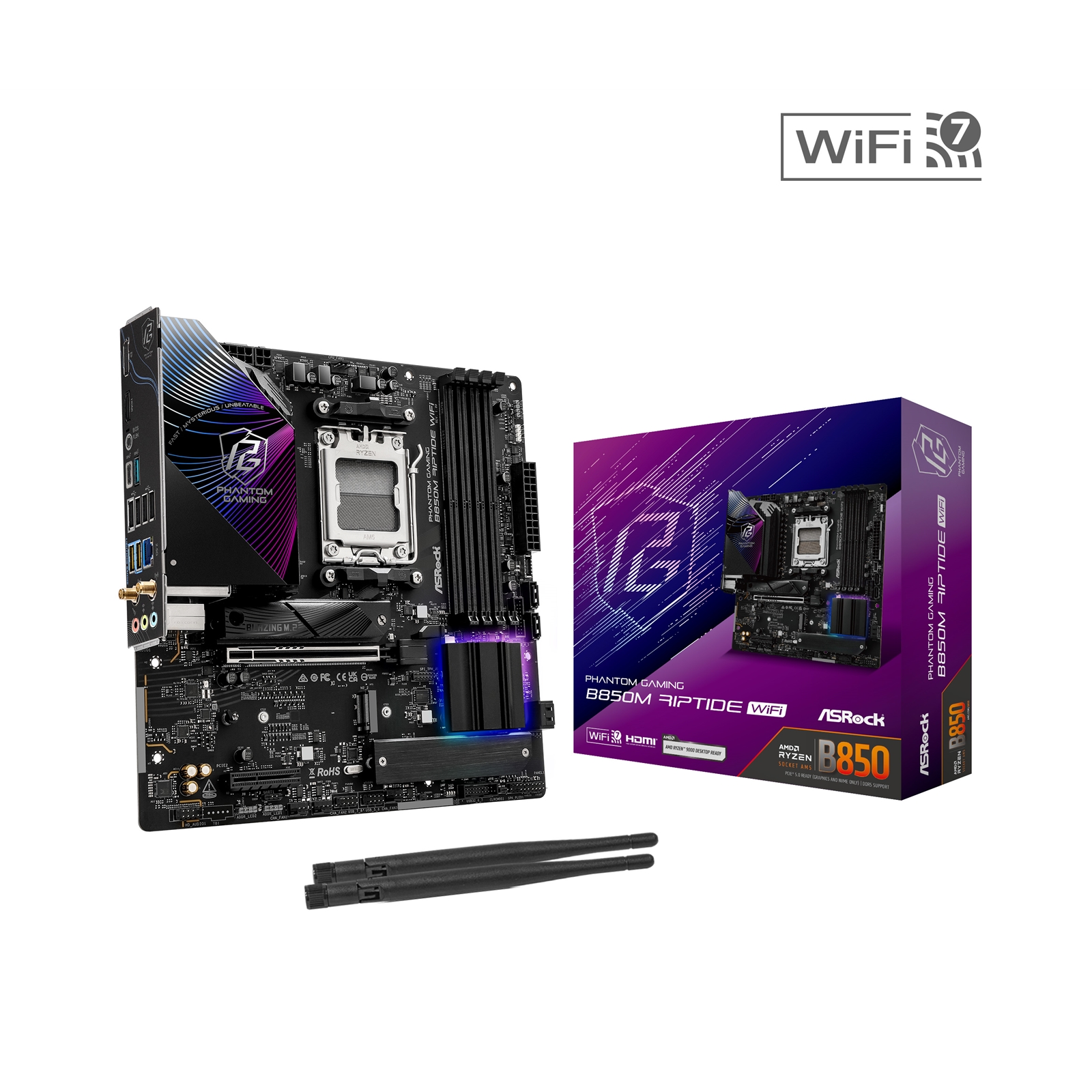 (image for) ASRock B850M Riptide WiFi PHANTOM GAMING AMD AM5 Socket Motherboard, Micro-ATX, 4x DDR5 Slots, 3x M.2 Sockets, 2x USB-C Port, Fitted I/O Shield, 2.5GbE LAN, Wi-Fi 7, 1x DisplayPort / 1x HDMI Port