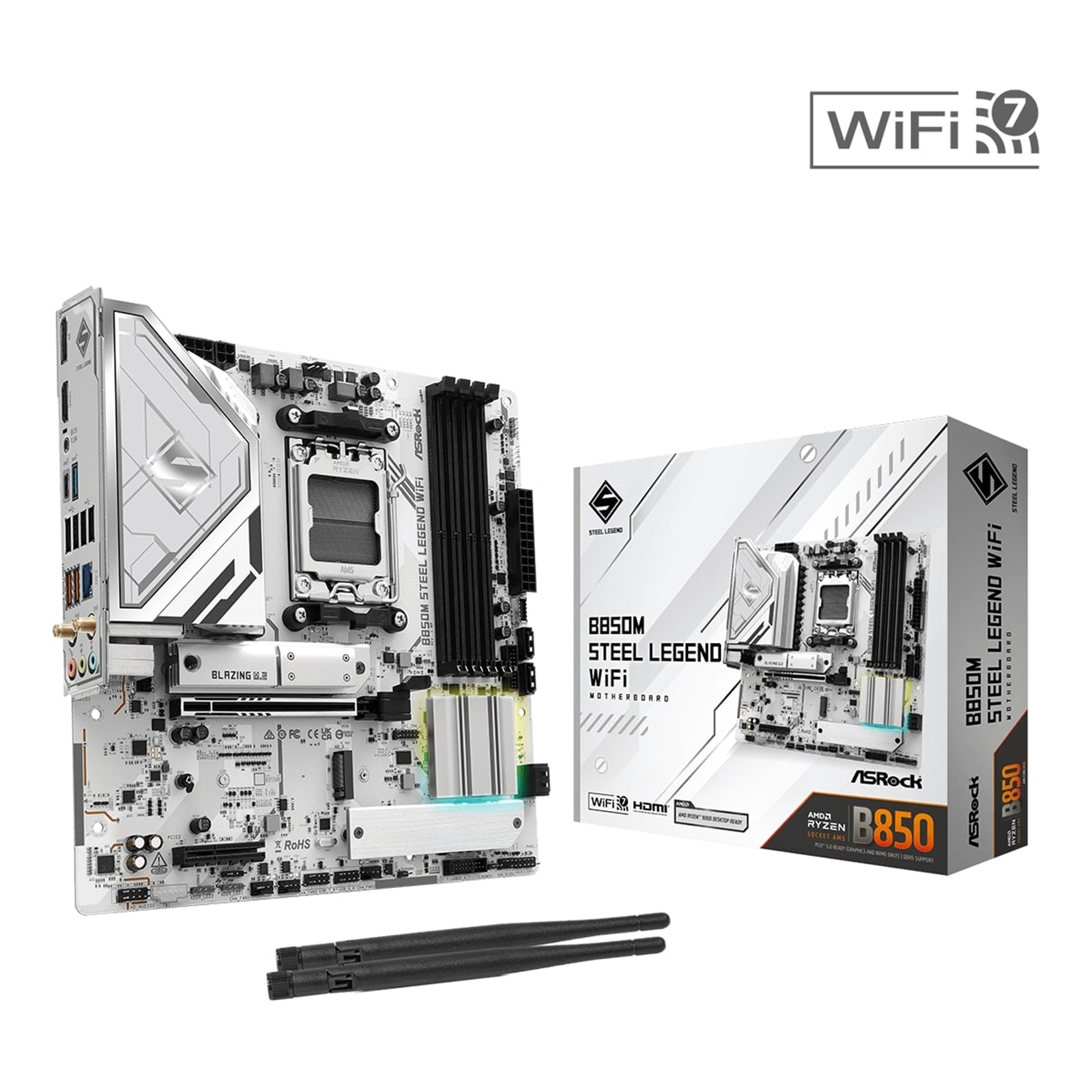 (image for) ASRock B850M Steel Legend WiFi AMD AM5 Socket Motherboard, Micro-ATX, 4x DDR5 Slots, 3x M.2 Sockets, 2x USB-C Port, Fitted I/O Shield, 2.5GbE LAN, Wi-Fi 7, 1x DisplayPort / 1x HDMI Port