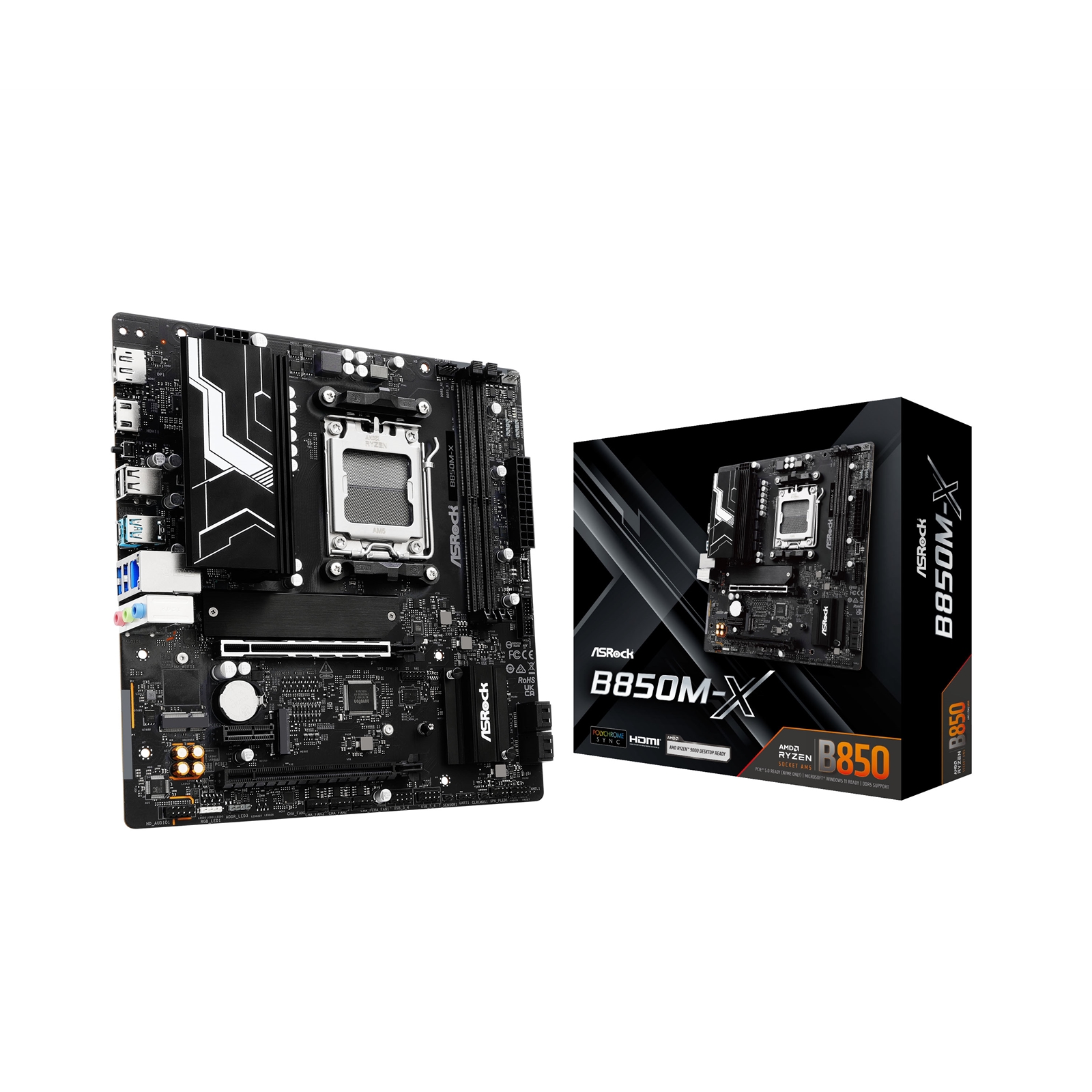 (image for) ASRock B850M-X AMD AM5 Socket Motherboard, Micro-ATX, 2x DDR5 Slots, 2x M.2 Sockets, 1x USB-C Port, 2.5GbE LAN, 1x DisplayPort / 1x HDMI Port