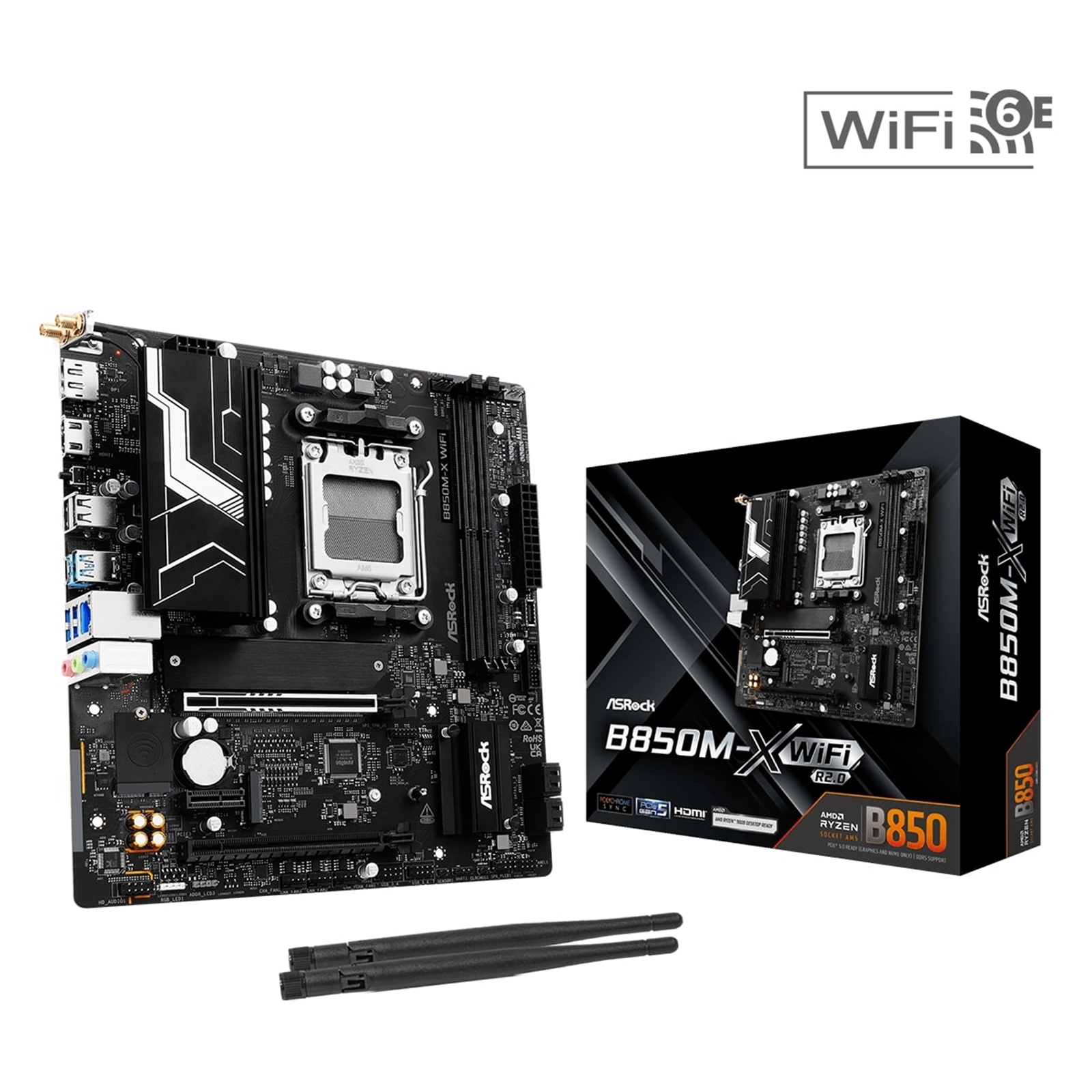 (image for) ASRock B850M-X WiFi AMD AM5 Socket Motherboard, Micro-ATX, 2x DDR5 Slots, 2x M.2 Sockets, 1x USB-C Port, 2.5GbE LAN, Wi-Fi 6E, 1x DisplayPort / 1x HDMI Port