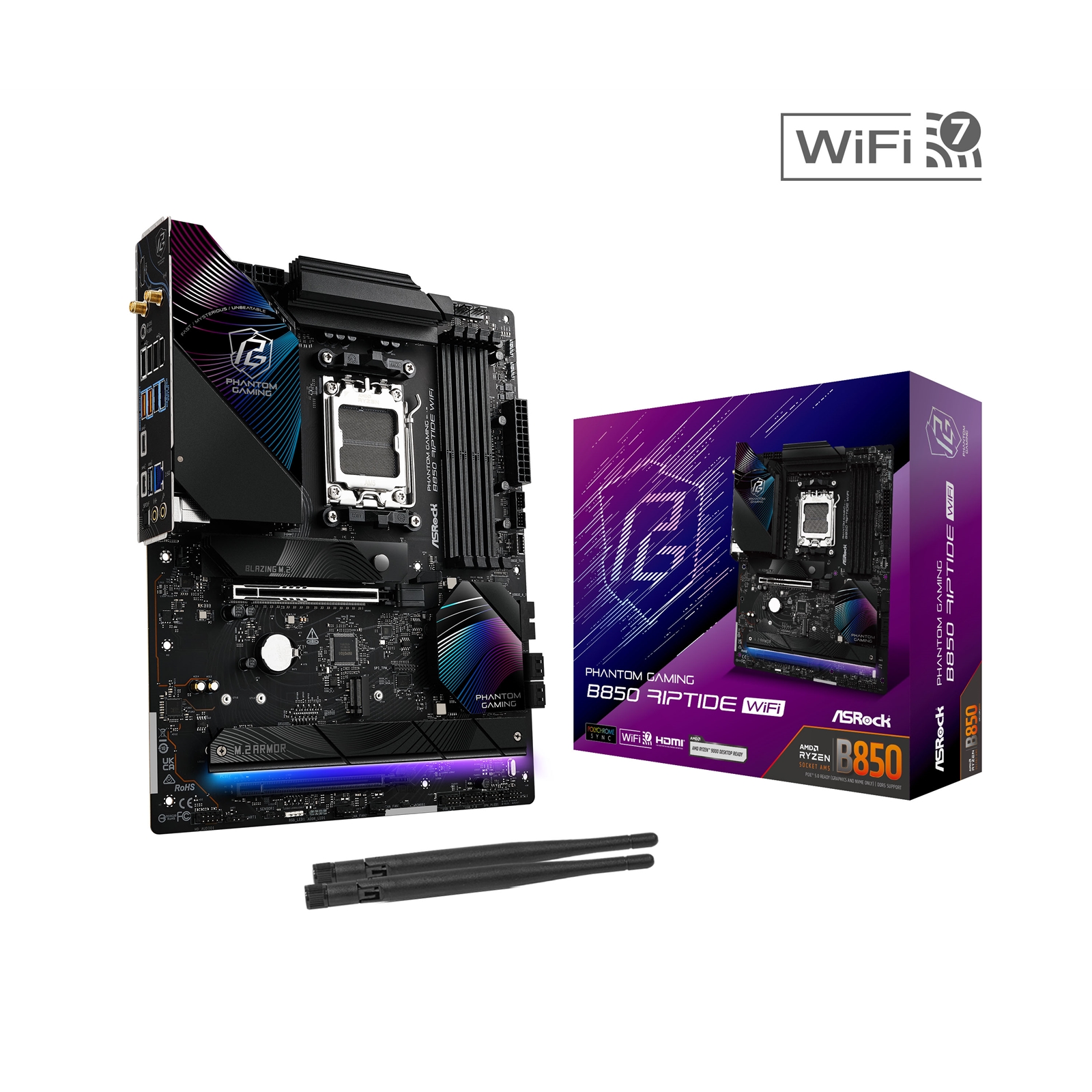 (image for) ASRock B850 Riptide WiFi PHANTOM GAMING AMD AM5 Socket Motherboard, ATX, 4x DDR5 Slots, 4x M.2 Sockets, 3x USB-C Port, Fitted I/O Shield, 2.5GbE LAN, Wi-Fi 7, 1x HDMI Port