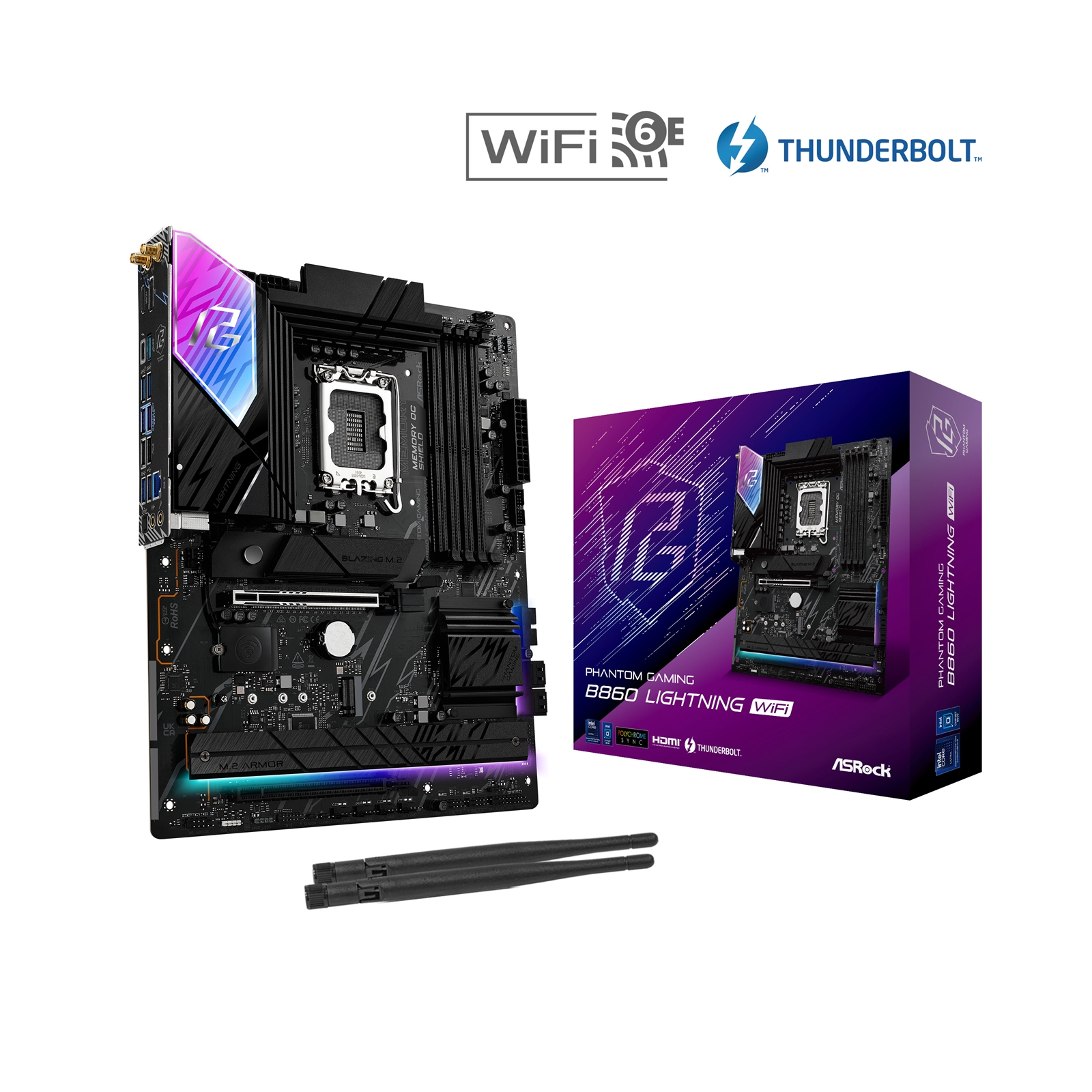 (image for) ASRock B860 Lightning WiFi PHANTOM GAMING Intel 1851 Socket Motherboard, ATX, 4x DDR5 Slots, 4x M.2 Sockets, 2x USB-C Port, Fitted I/O Shield, 2.5GbE LAN, Wi-Fi 6E, 1x DisplayPort / 1x HDMI / 1x USB-C (USB4)