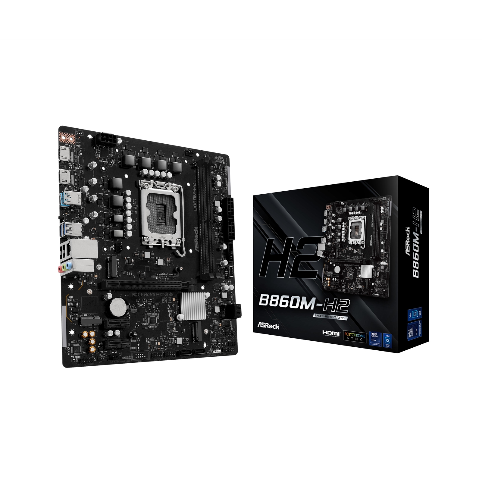 ASRock B860M-H2 Intel 1851 Socket Motherboard, Micro-ATX, 2x DDR5 Slots, 2x M.2 Sockets, 2x USB-C Port, GbE LAN, 2x HDMI Port