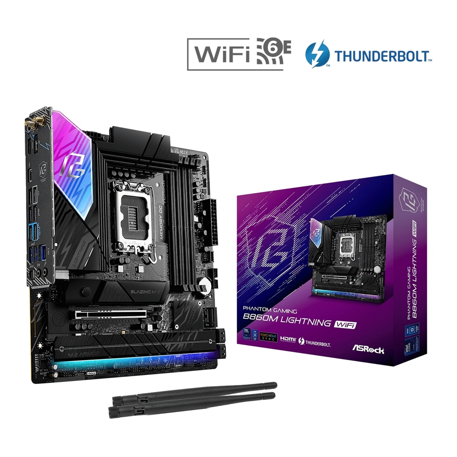 (image for) ASRock B860M Lightning WiFi PHANTOM GAMING Intel 1851 Socket Motherboard, Micro-ATX, 4x DDR5 Slots, 4x M.2 Sockets, 2x USB-C Port, Fitted I/O Shield, 2.5GbE LAN, Wi-Fi 6E, 1x DisplayPort / 1x HDMI / 1x USB-C (USB4)