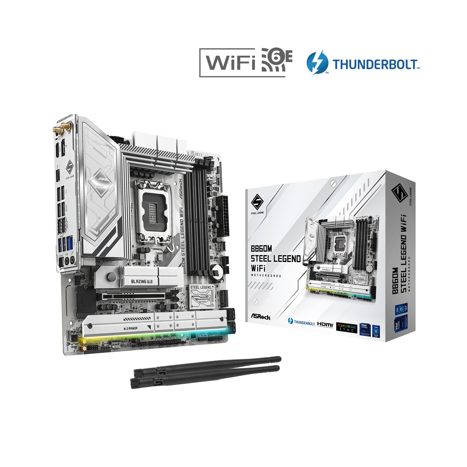 (image for) ASRock B860M Steel Legend WiFi Intel 1851 Socket Motherboard, Micro-ATX, 4x DDR5 Slots, 4x M.2 Sockets, 2x USB-C Port, Fitted I/O Shield, 2.5GbE LAN, Wi-Fi 6E, 1x DisplayPort / 1x HDMI / 1x USB-C (USB4)
