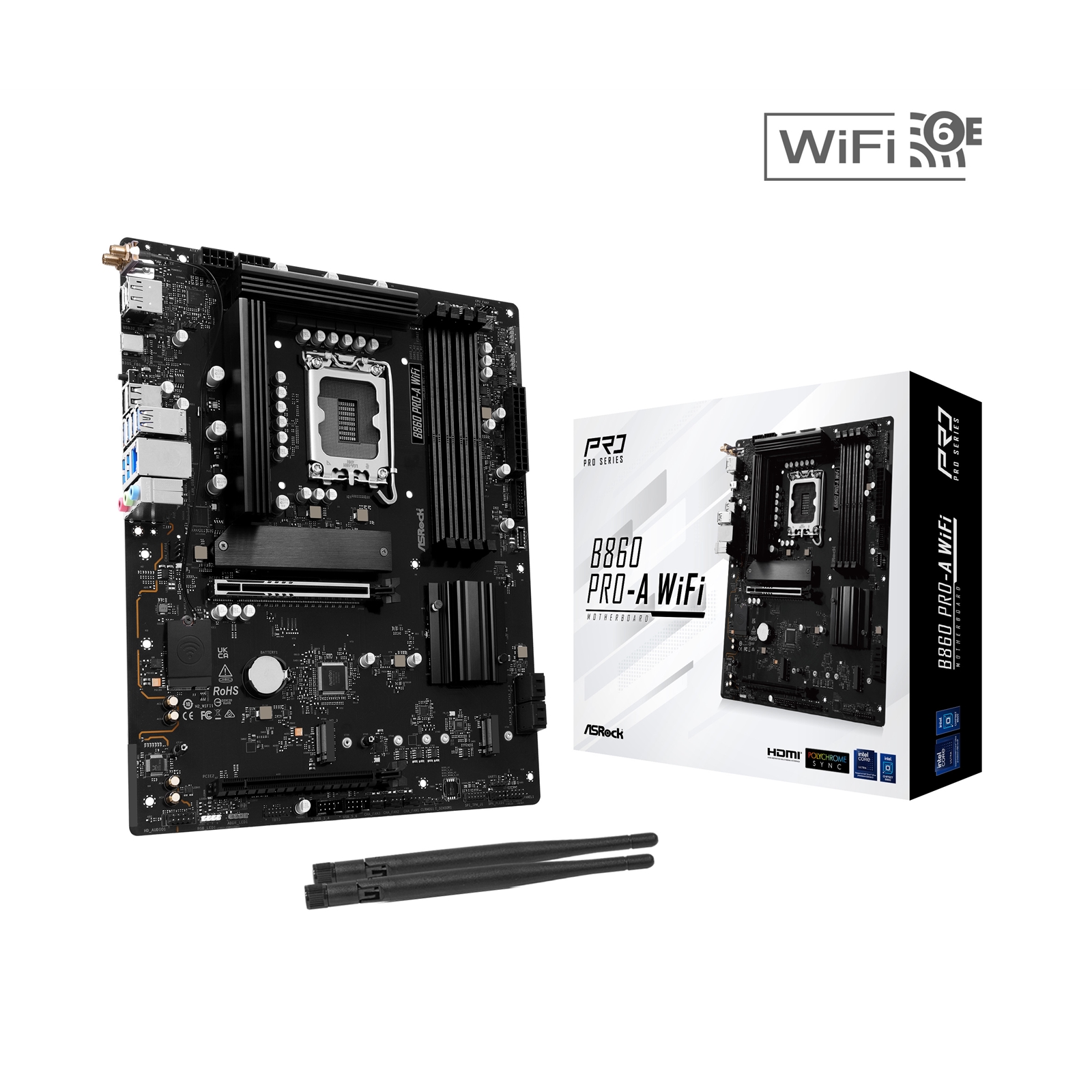 (image for) ASRock B860 Pro-A WiFi Intel 1851 Socket Motherboard, ATX, 4x DDR5 Slots, 3x M.2 Sockets, 2x USB-C Port, 2.5GbE LAN, Wi-Fi 6E, 1x DisplayPort / 1x HDMI Port