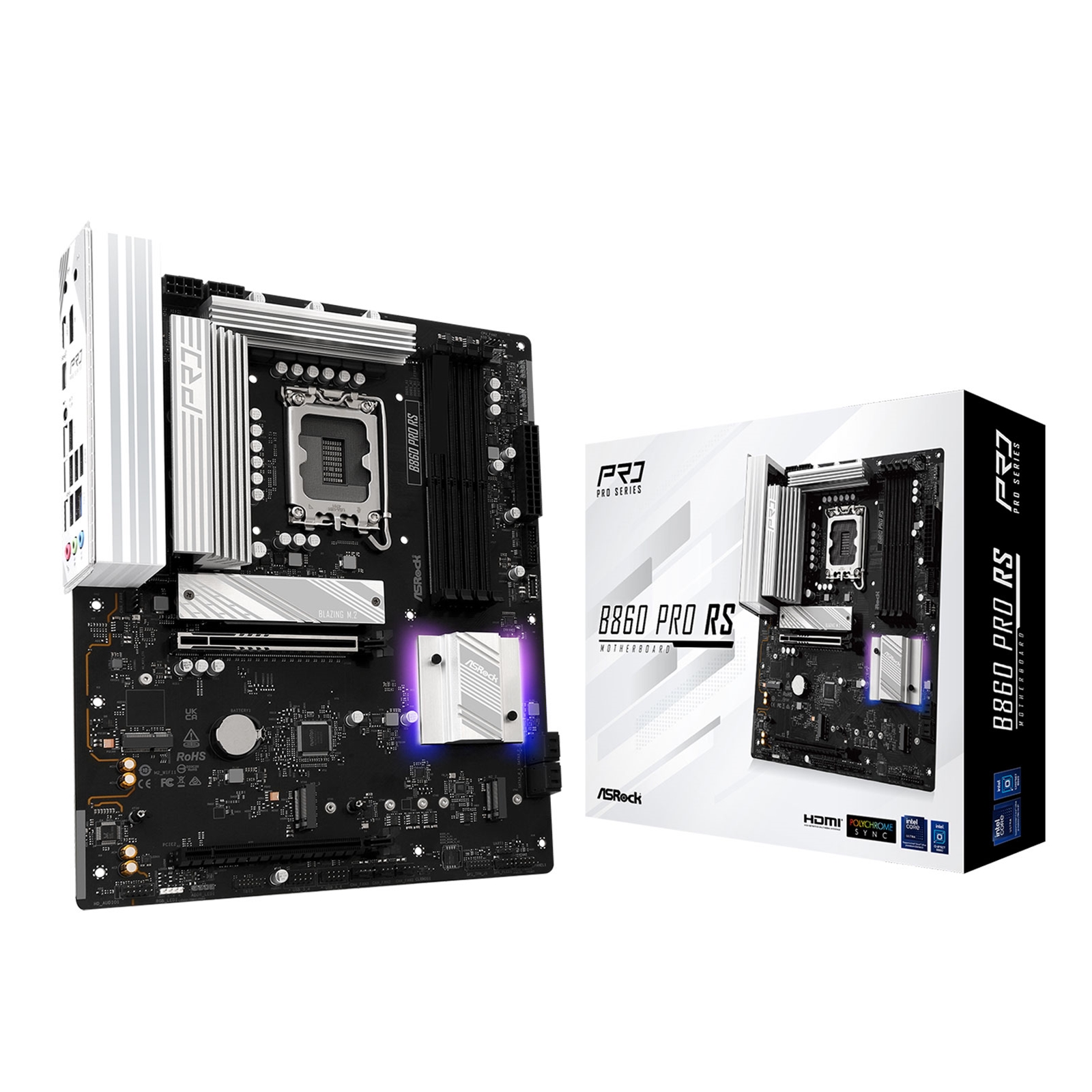 (image for) ASRock B860 Pro RS Intel 1851 Socket Motherboard, ATX, 4x DDR5 Slots, 3x M.2 Sockets, 2x USB-C Port, Fitted I/O Shield, 2.5GbE LAN, 1x DisplayPort / 1x HDMI Port