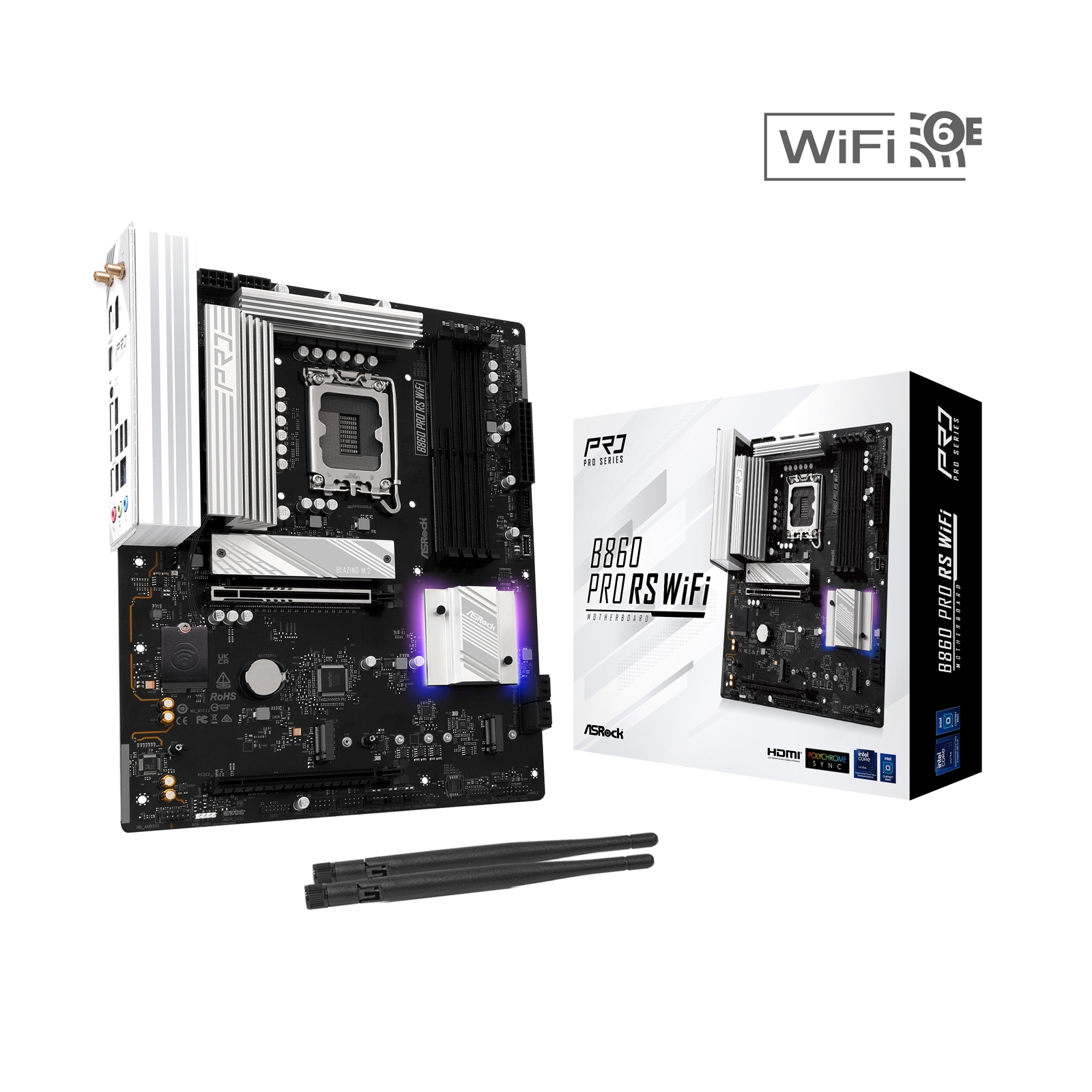 (image for) ASRock B860 Pro RS WiFi Intel 1851 Socket Motherboard, ATX, 4x DDR5 Slots, 3x M.2 Sockets, 2x USB-C Port, Fitted I/O Shield, 2.5GbE LAN, Wi-Fi 6E, 1x DisplayPort / 1x HDMI Port