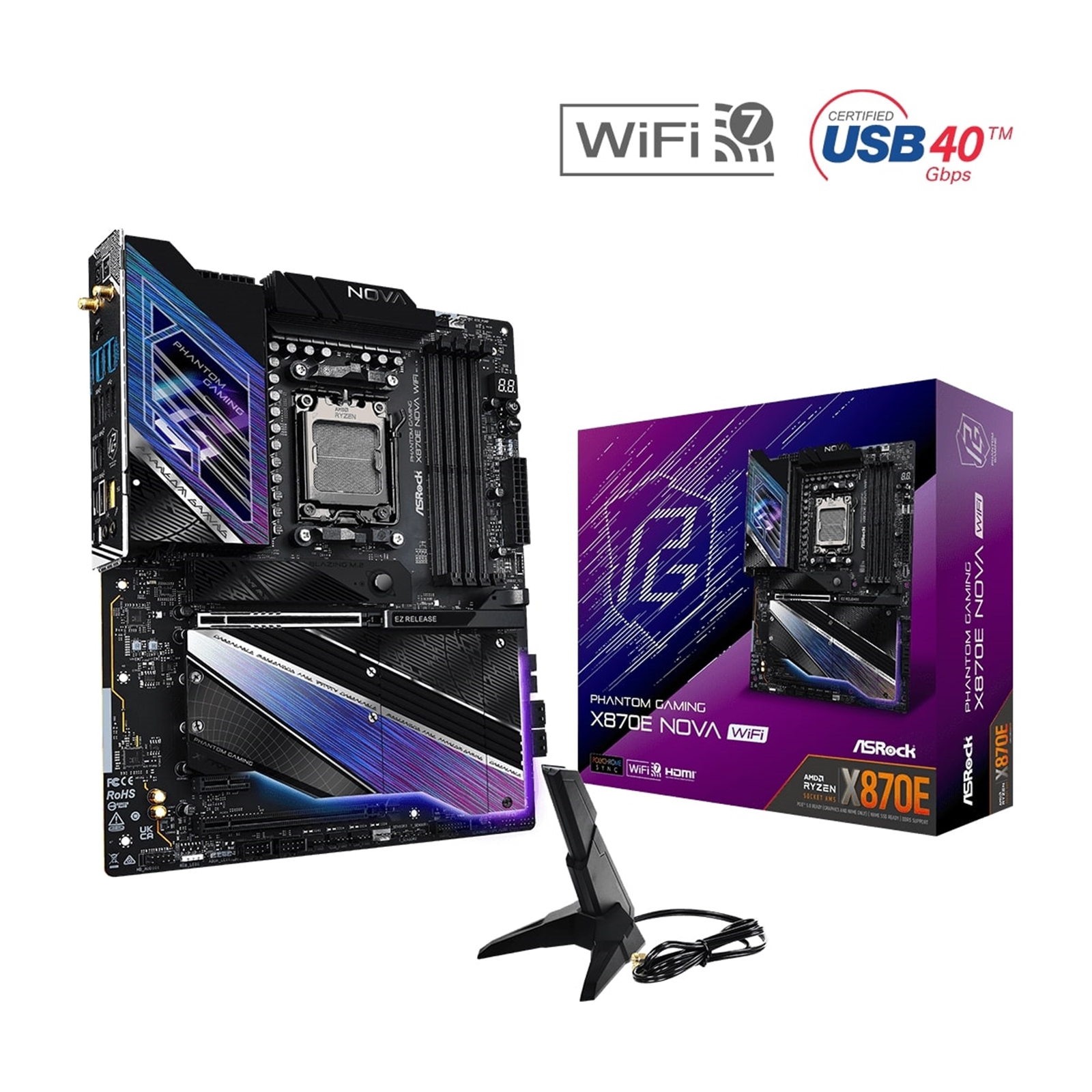 (image for) ASRock X870E NOVA WIFI PHANTOM GAMING AMD AM5 Socket Motherboard, ATX, 4x DDR5 Slots, 5x M.2 Sockets, 3x USB-C Port, Fitted I/O Shield, 5GbE LAN, Wi-Fi 7, 1x HDMI Port / 2x USB-C (USB4)