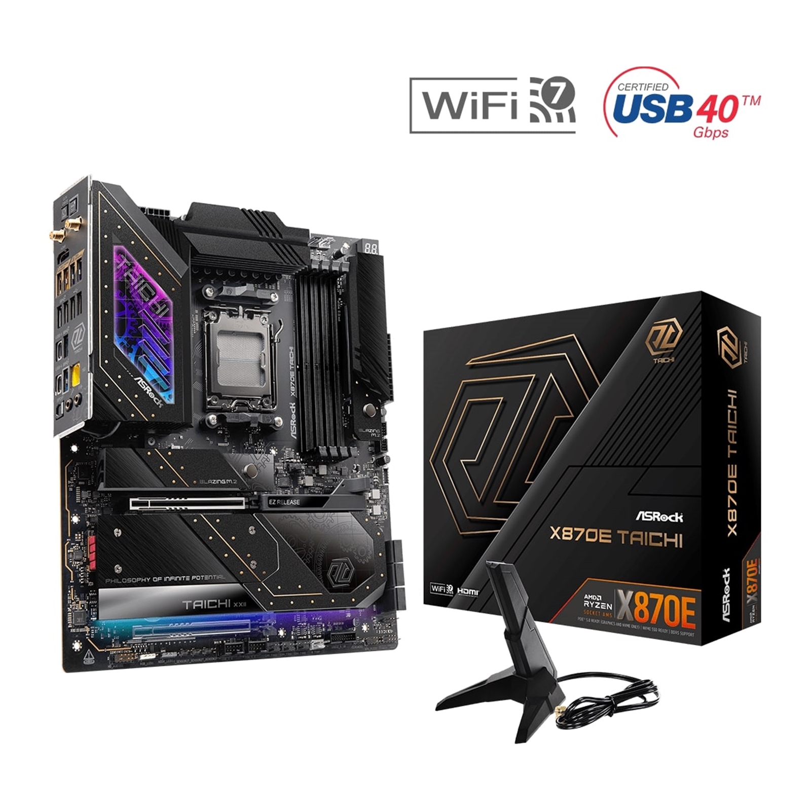(image for) ASRock X870E TAICHI AMD AM5 Socket Motherboard, E-ATX, 4x DDR5 Slots, 4x M.2 Sockets, 3x USB-C Port, Fitted I/O Shield, 5GbE LAN, Wi-Fi 7, 1x HDMI Port / 2x USB-C (USB4)