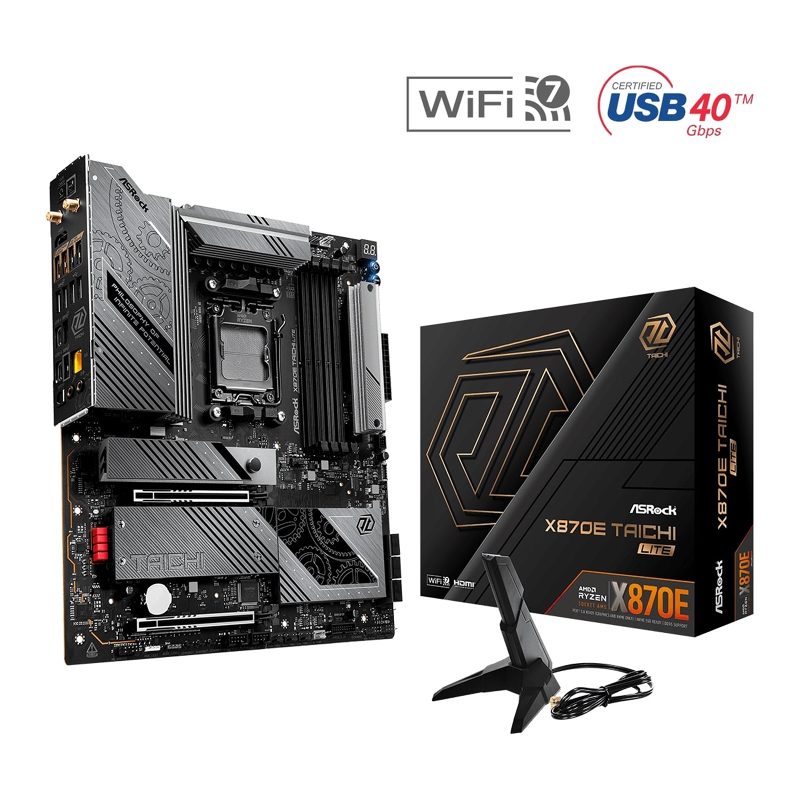 (image for) ASRock X870E TAICHI LITE AMD AM5 Socket Motherboard, E-ATX, 4x DDR5 Slots, 4x M.2 Sockets, 3x USB-C Port, Fitted I/O Shield, 5GbE LAN, Wi-Fi 7, 1x HDMI Port / 2x USB-C (USB4)