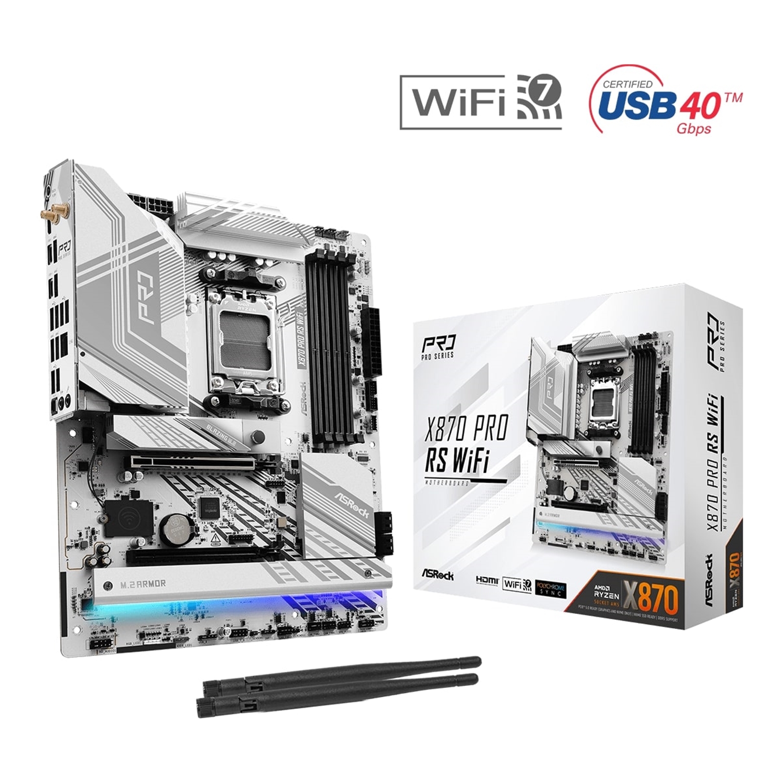 (image for) ASRock X870 PRO RS WIFI AMD AM5 Socket Motherboard, ATX, 4x DDR5 Slots, 3x M.2 Sockets, 3x USB-C Port, Fitted I/O Shield, 2.5GbE LAN, Wi-Fi 7, 1x HDMI Port / 2x USB-C (USB4)