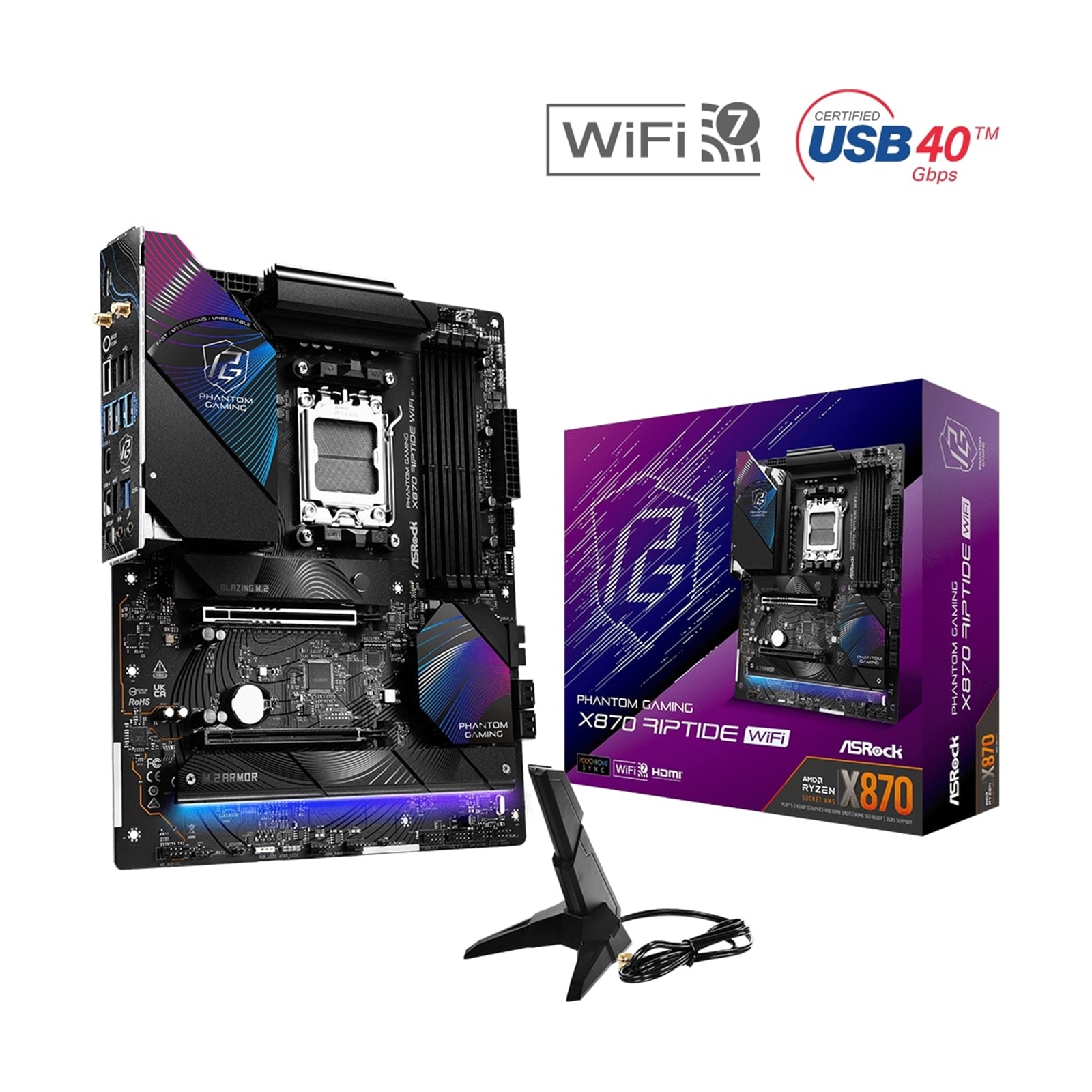(image for) ASRock X870 RIPTIDE WIFI PHANTOM GAMING AMD AM5 Socket Motherboard, ATX, 4x DDR5 Slots, 3x M.2 Sockets, 3x USB-C Port, Fitted I/O Shield, 2.5GbE LAN, Wi-Fi 7, 1x HDMI Port / 2x USB-C (USB4)