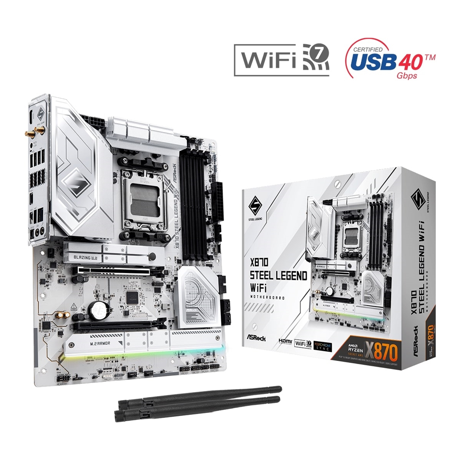 (image for) ASRock X870 STEEL LEGEND WIFI AMD AM5 Socket Motherboard, ATX, 4x DDR5 Slots, 3x M.2 Sockets, 3x USB-C Port, Fitted I/O Shield, 2.5GbE LAN, Wi-Fi 7, 1x HDMI Port / 2x USB-C (USB4)