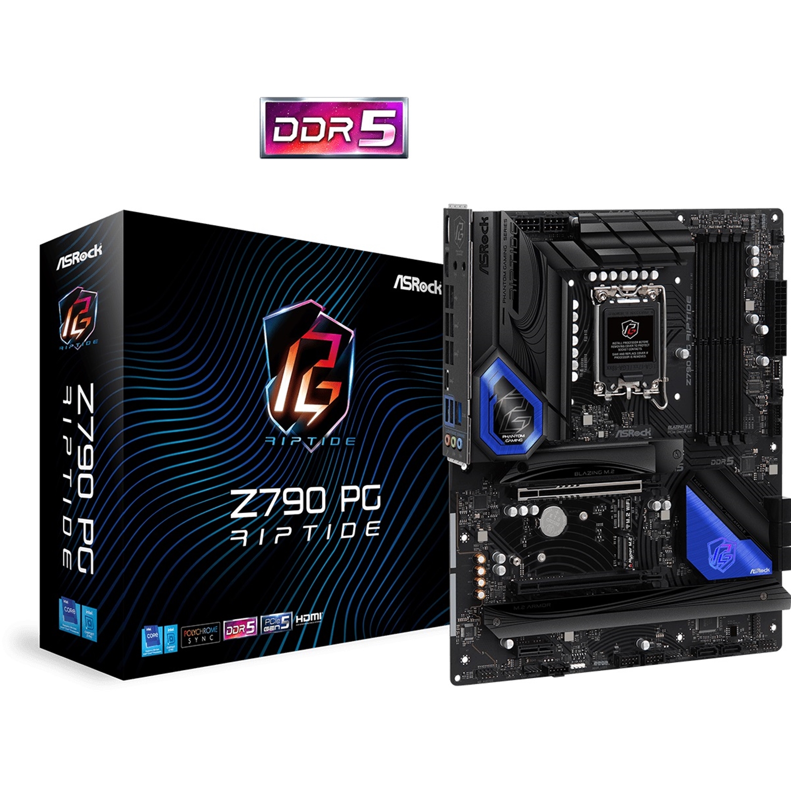 (image for) ASRock Z790 PG Riptide Intel 1700 Socket Motherboard, ATX, 4x DDR5 Slots, 5x M.2 Sockets, 2x USB-C Port, Fitted I/O Shield, 2.5GbE LAN, 1x DisplayPort / 1x HDMI Port