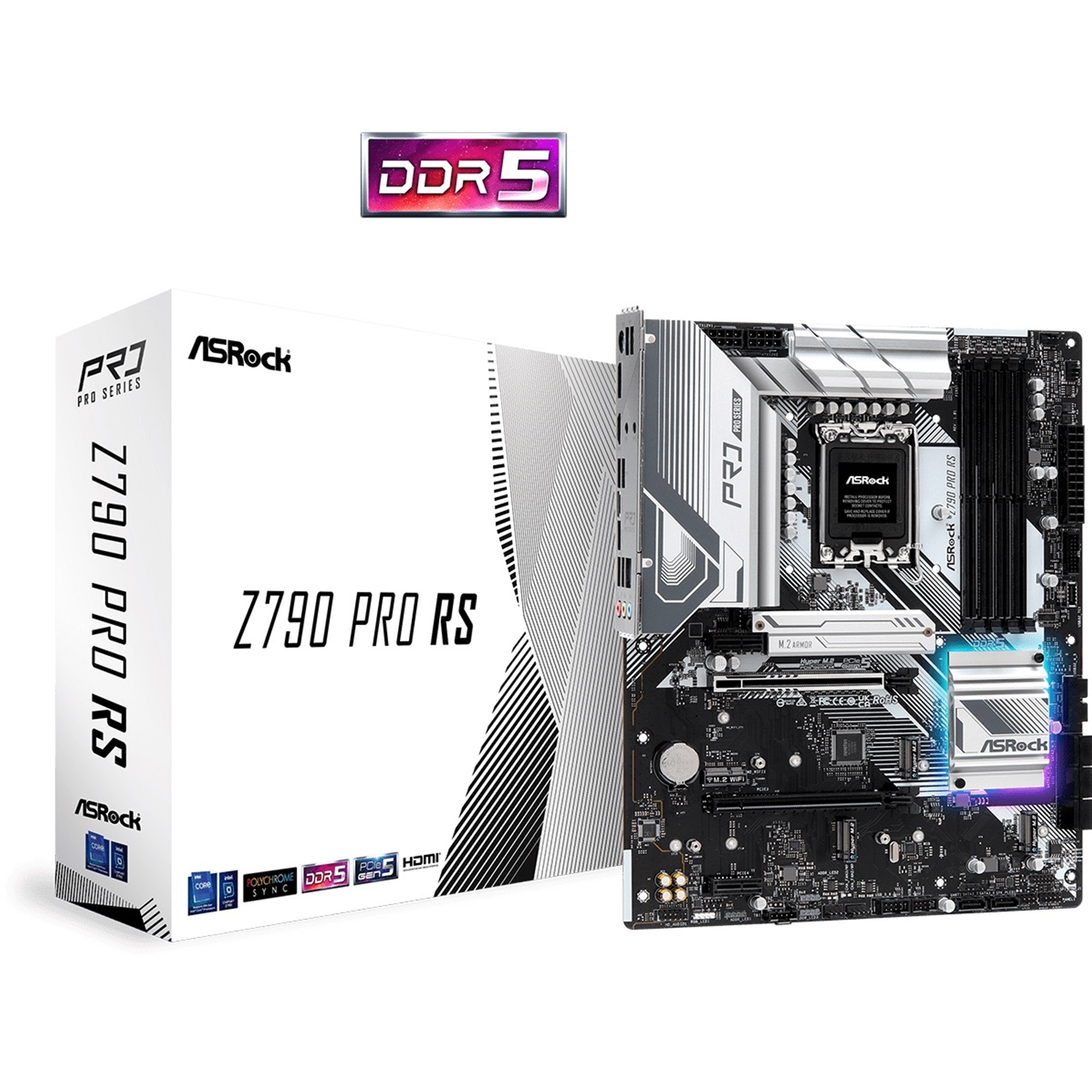 (image for) ASRock Z790 Pro RS Intel 1700 Socket Motherboard, ATX, 4x DDR5 Slots, 5x M.2 Sockets, 2x USB-C Port, Fitted I/O Shield, 2.5GbE LAN, 1x DisplayPort / 1x HDMI Port