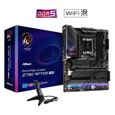 ASRock Z790 Riptide WiFi PHANTOM GAMING Intel 1700 Socket Motherboard, ATX, 4x DDR5 Slots, 5x M.2 Sockets, Fitted I/O Shield, 2.5GbE LAN, Wi-Fi 7, 1x DisplayPort / 1x HDMI Port