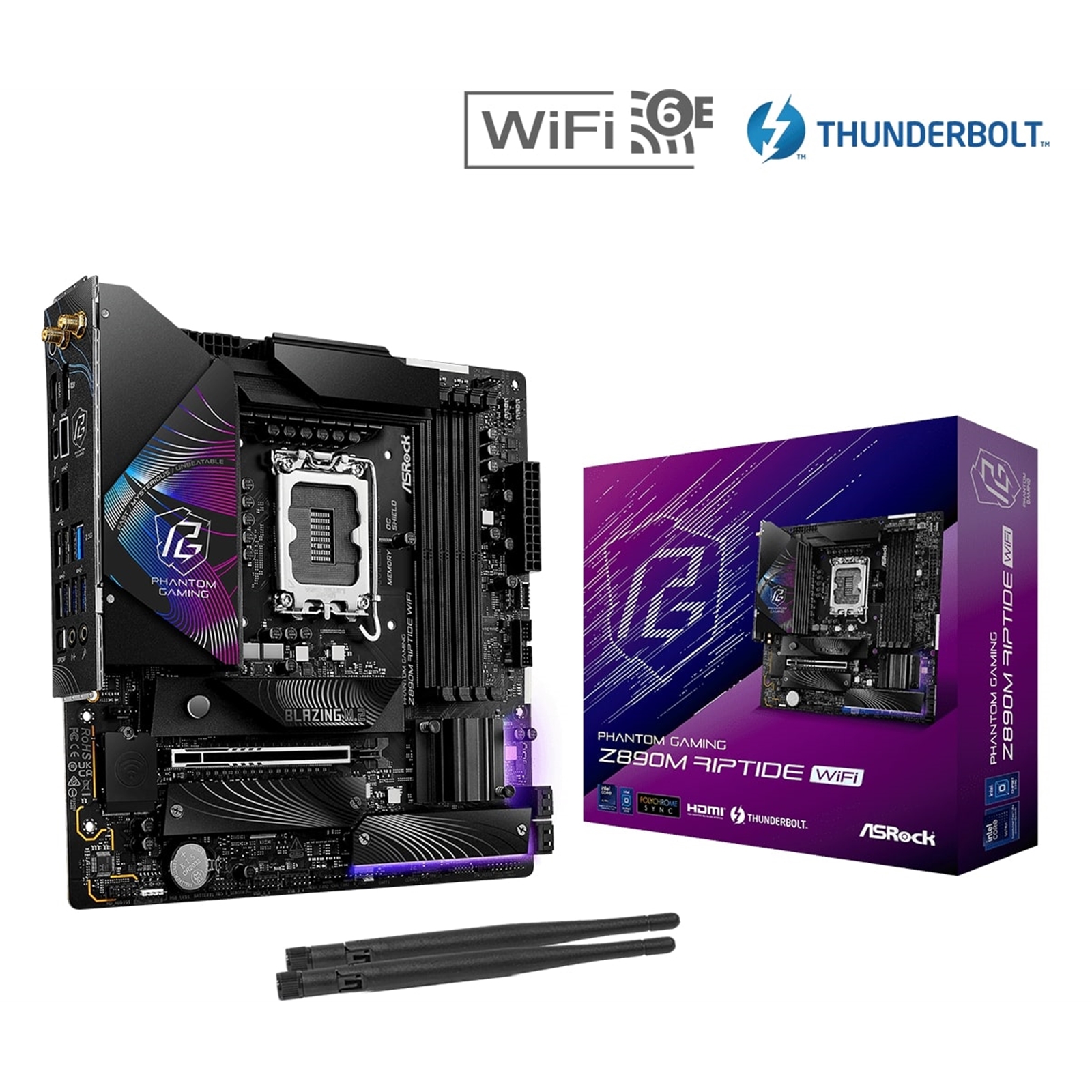 (image for) ASRock Z890M RIPTIDE WIFI PHANTOM GAMING Intel 1851 Socket Motherboard, Micro-ATX, 4x DDR5 Slots, 3x M.2 Sockets, 3x USB-C Port, Fitted I/O Shield, 2.5GbE LAN, Wi-Fi 6E, 1x DisplayPort / 1x HDMI / 2x USB-C (USB4)