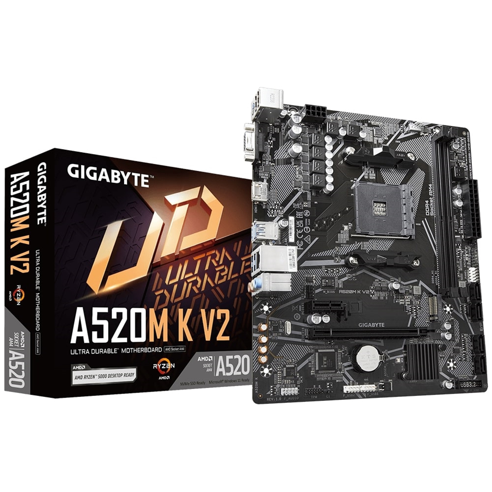 (image for) Gigabyte A520M K V2 Ultra Durable AMD AM4 Socket Motherboard, Micro-ATX, 2x DDR4 Slots, 1x M.2 Socket, GbE LAN, 1x D-Sub / 1x HDMI Port