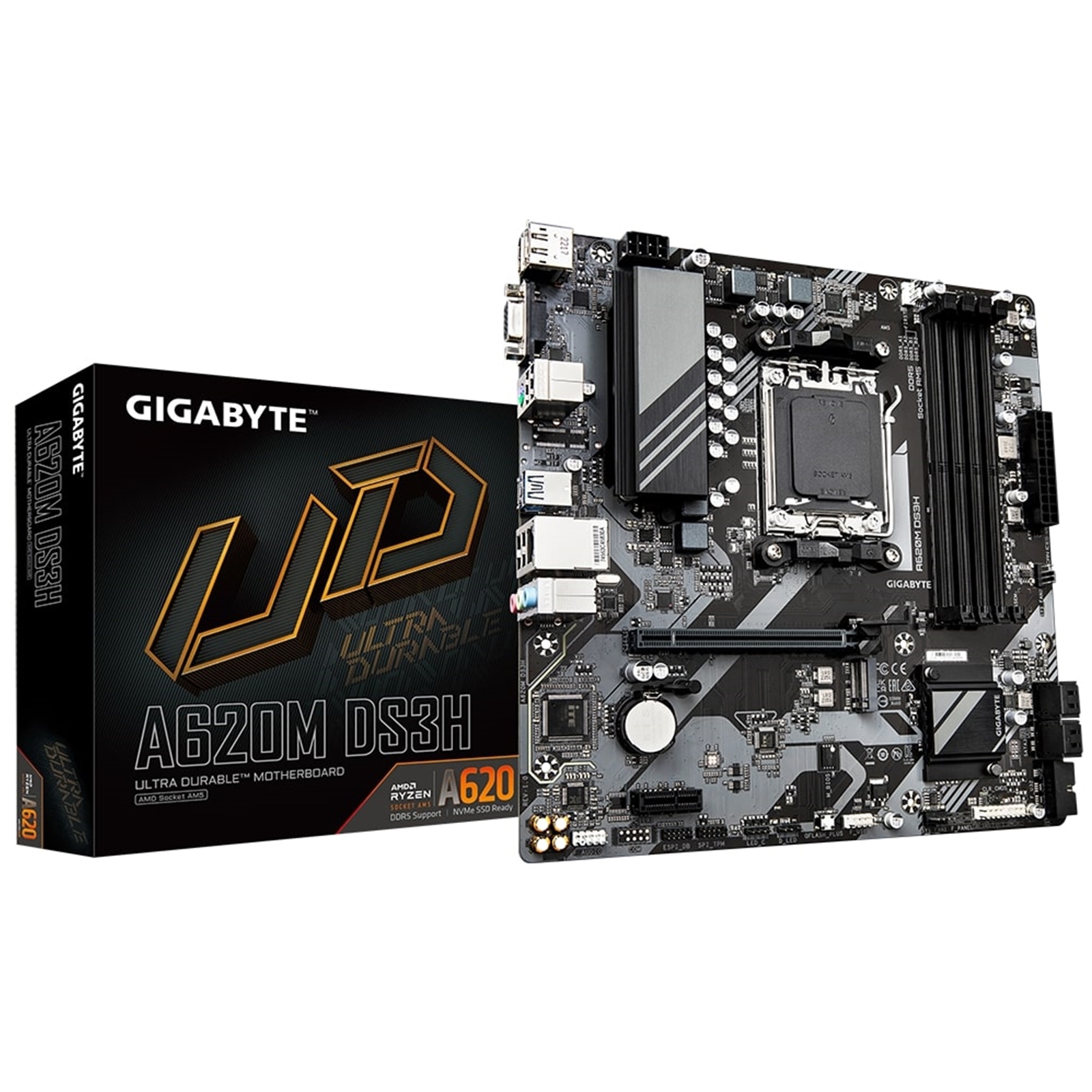 (image for) Gigabyte A620M DS3H Ultra Durable AMD AM5 Socket Motherboard, Micro-ATX, 4x DDR5 Slots, 1x M.2 Socket, 1x USB-C Port, GbE LAN, 1x D-Sub / 1x DisplayPort / 1x HDMI Port