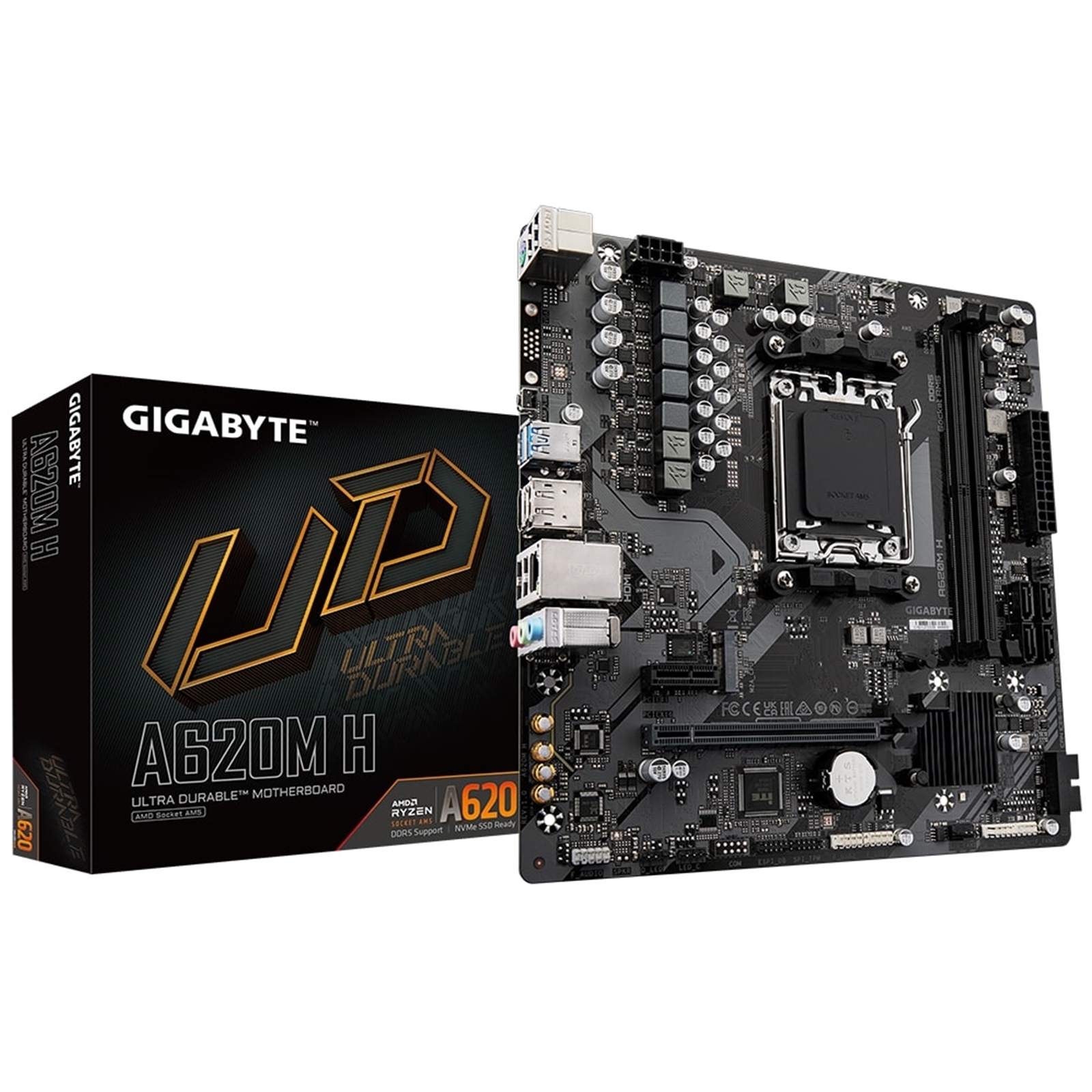 (image for) Gigabyte A620M H Ultra Durable AMD AM5 Socket Motherboard, Micro-ATX, 2x DDR5 Slots, 1x M.2 Socket, GbE LAN, 1x DisplayPort / 1x HDMI Port