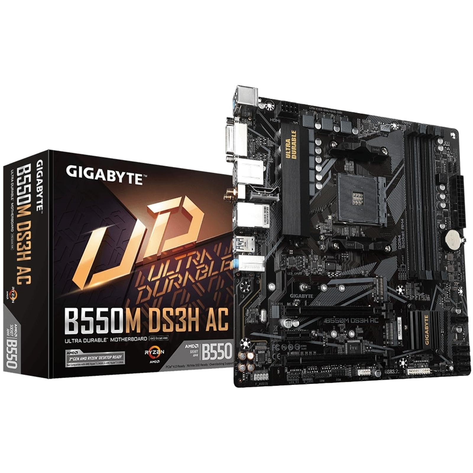 (image for) Gigabyte B550M DS3H AC Ultra Durable AMD AM4 Socket Motherboard, Micro-ATX, 4x DDR4 Slots, 2x M.2 Sockets, GbE LAN, Wi-Fi 5, 1x DVI-D / 1x HDMI Port