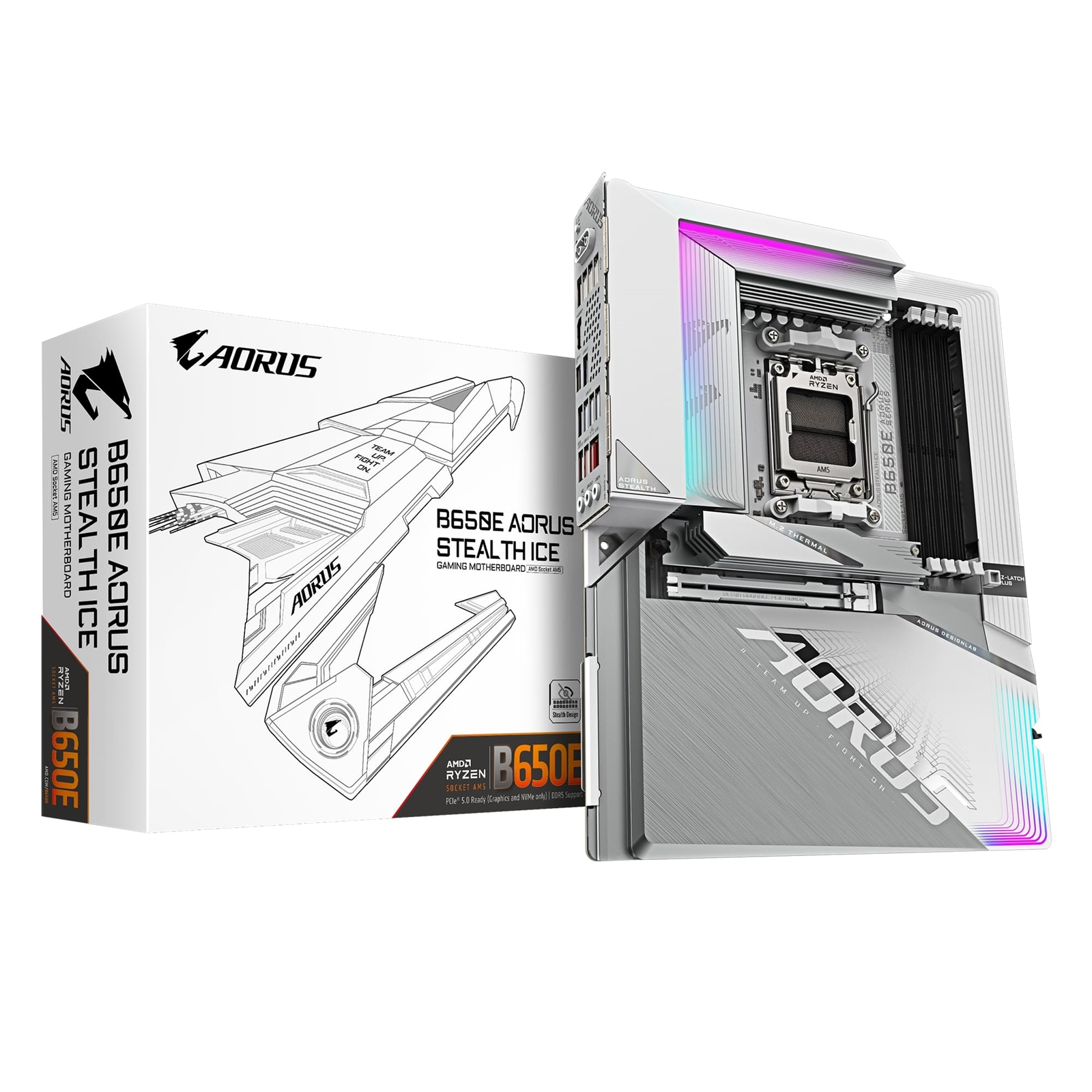 (image for) Gigabyte B650E AORUS STEALTH ICE AMD AM5 Socket Motherboard, ATX, 4x DDR5 Slots, 3x M.2 Sockets, 2x USB-C Port, Fitted I/O Shield, 2.5GbE LAN, Wi-Fi 7, 2x HDMI Port / 1x USB-C
