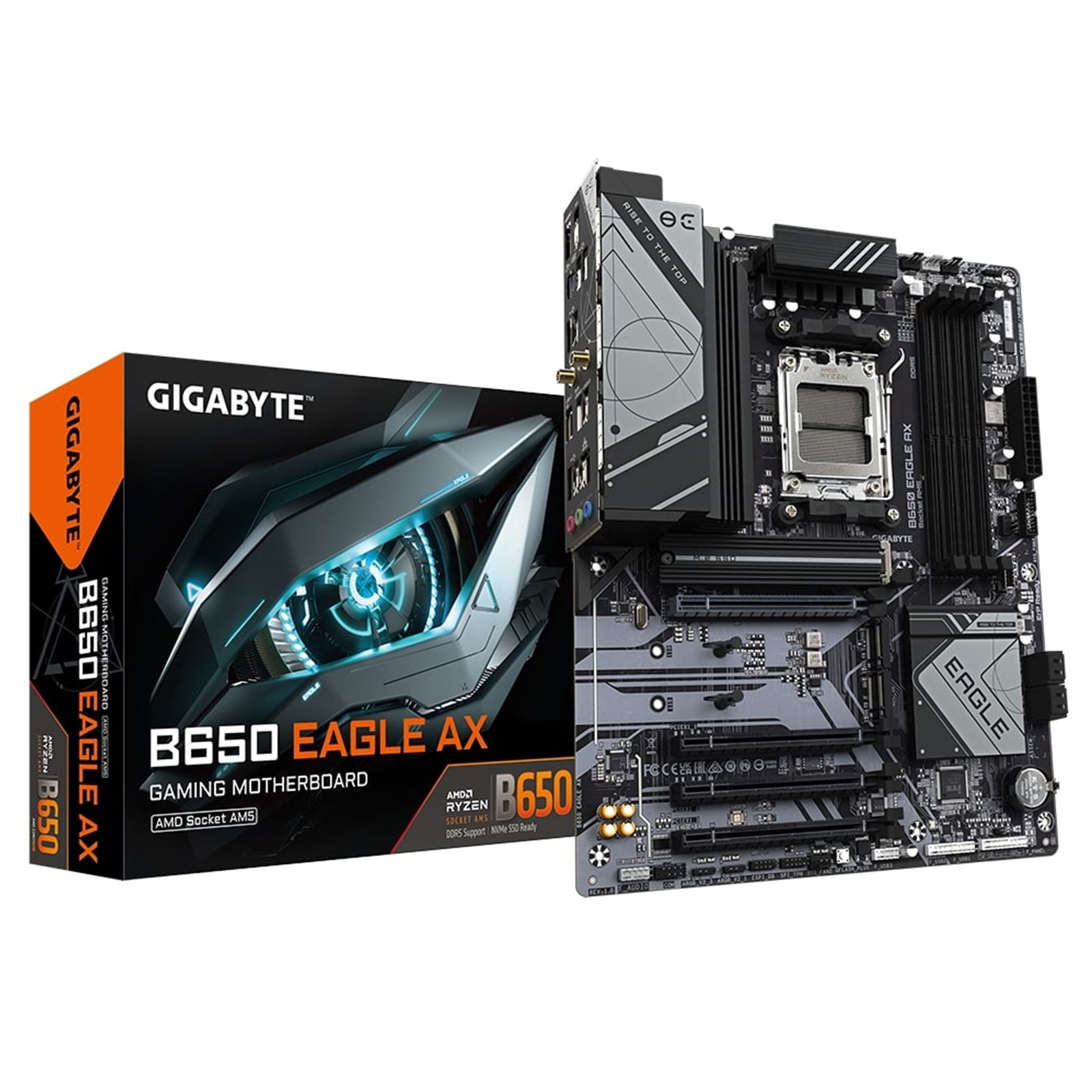 (image for) Gigabyte B650 EAGLE AX AMD AM5 Socket Motherboard, ATX, 4x DDR5 Slots, 3x M.2 Sockets, 1x USB-C Port, Fitted I/O Shield, GbE LAN, Wi-Fi 6E, 1x DisplayPort / 1x HDMI Port