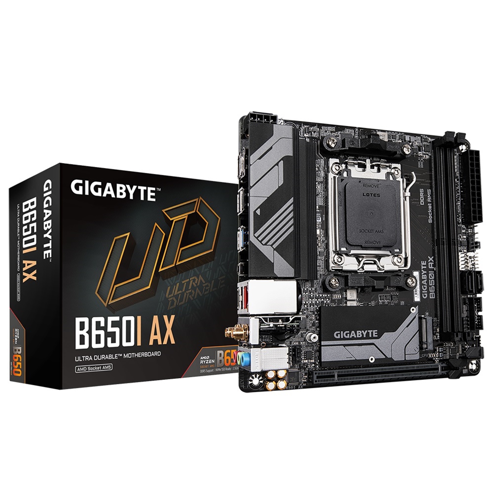 (image for) Gigabyte B650I AX Ultra Durable AMD AM5 Socket Motherboard, Mini-ITX, 2x DDR5 Slots, 1x M.2 Socket, 2x USB-C Port, 2.5GbE LAN, Wi-Fi 6E, 1x DisplayPort / 1x HDMI Port