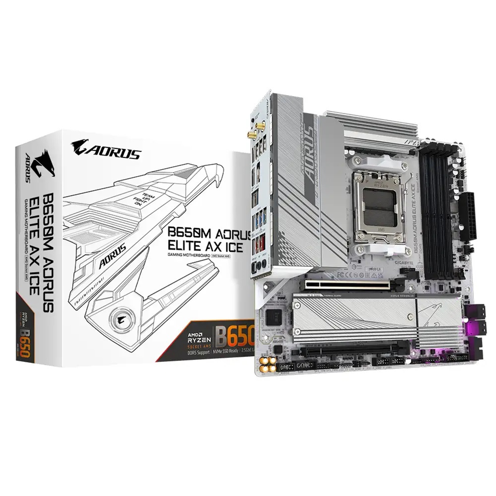 (image for) Gigabyte B650M AORUS ELITE AX ICE AMD AM5 Socket Motherboard, Micro-ATX, 4x DDR5 Slots, 2x M.2 Sockets, 2x USB-C Port, Fitted I/O Shield, 2.5GbE LAN, Wi-Fi 6E, 1x DisplayPort / 1x HDMI Port