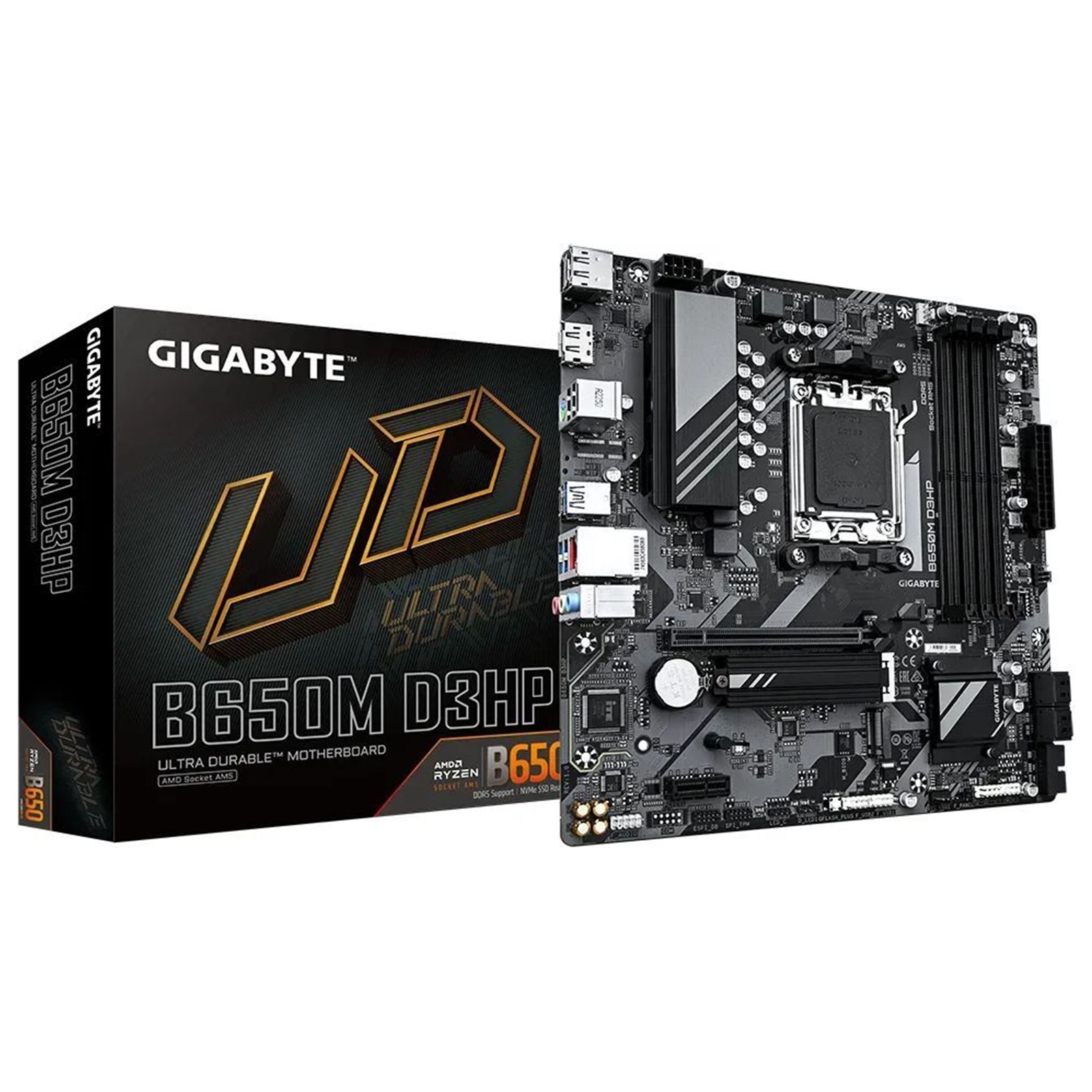 (image for) Gigabyte B650M D3HP Ultra Durable AMD AM5 Socket Motherboard, Micro-ATX, 4x DDR5 Slots, 2x M.2 Sockets, 2x USB-C Port, 2.5GbE LAN, 2x DisplayPorts / 1x HDMI Port