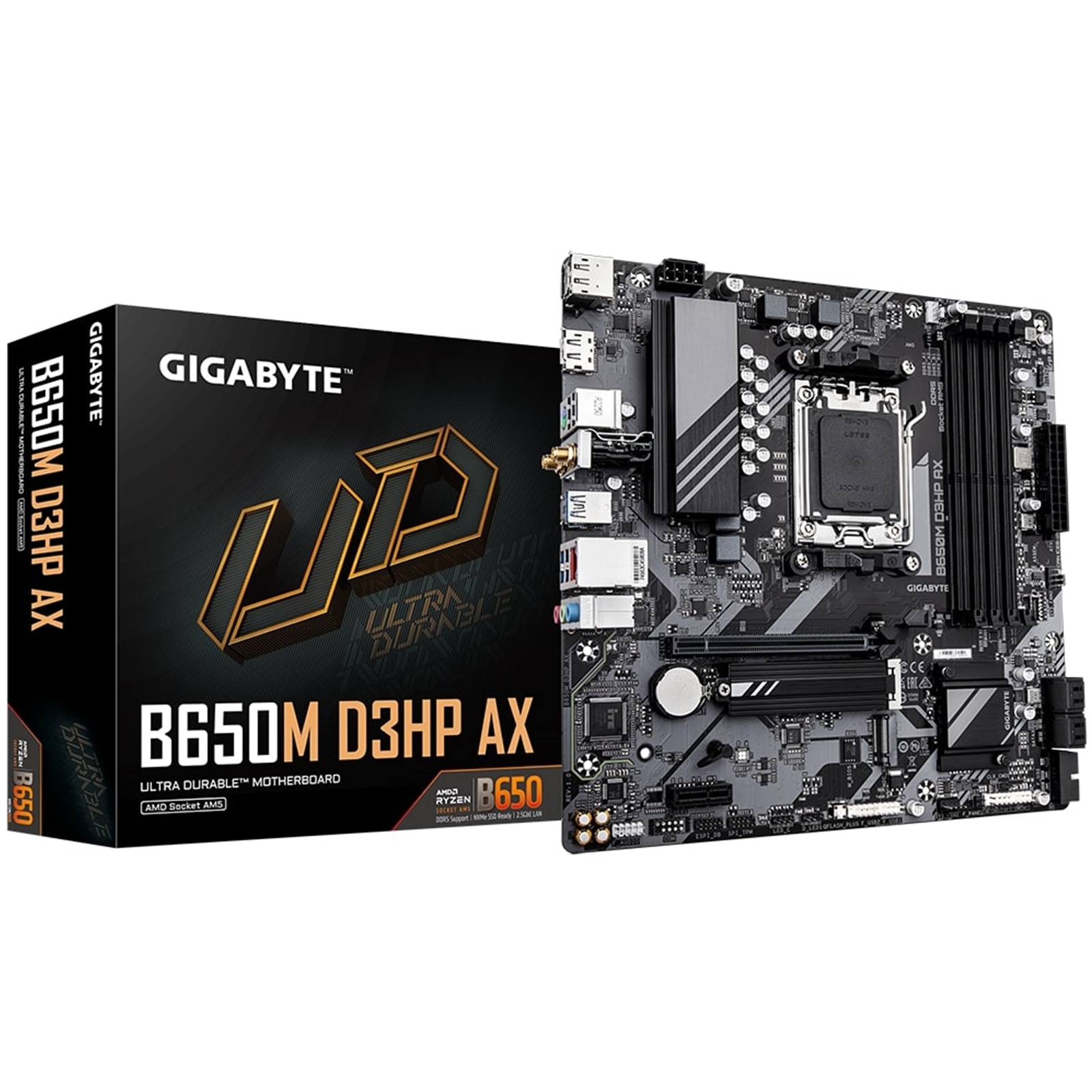 (image for) Gigabyte B650M D3HP AX Ultra Durable AMD AM5 Socket Motherboard, Micro-ATX, 4x DDR5 Slots, 2x M.2 Sockets, 2x USB-C Port, 2.5GbE LAN, Wi-Fi 6E, 2x DisplayPorts / 1x HDMI Port
