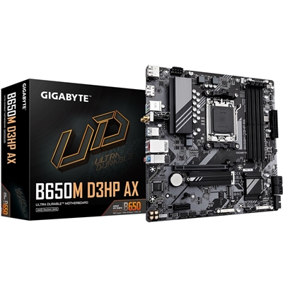 Gigabyte B650M D3HP AX Ultra Durable AMD AM5 Socket Motherboard, Micro-ATX, 4x DDR5 Slots, 2x M.2 Sockets, 2.5GbE LAN, Wi-Fi 6E, 2x DisplayPorts / 1x HDMI Port