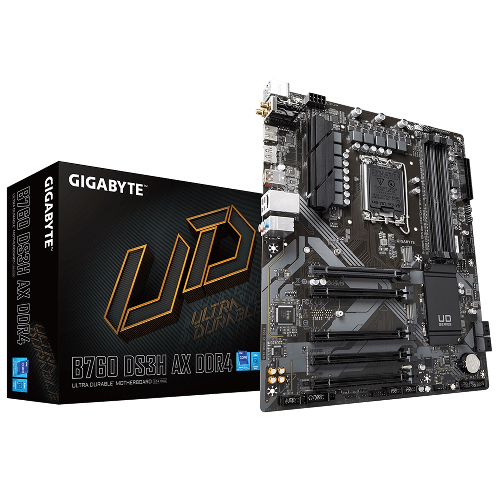 (image for) Gigabyte B760 DS3H AX DDR4 Ultra Durable Intel 1700 Socket Motherboard, ATX, 4x DDR4 Slots, 2x M.2 Sockets, 2x USB-C Port, GbE LAN, Wi-Fi 6E, 1x DisplayPort / 1x HDMI Port