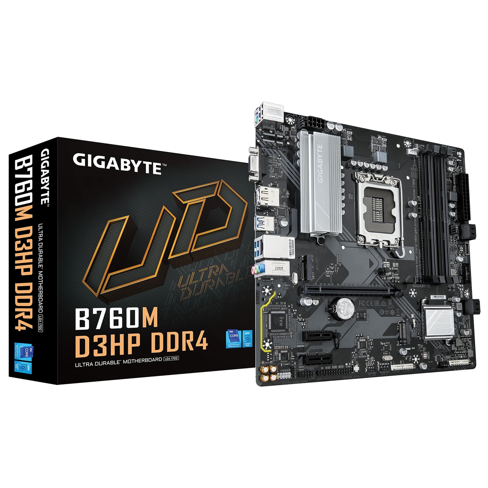 (image for) Gigabyte B760M D3HP DDR4 Intel 1700 Socket Motherboard, Micro-ATX, 4x DDR4 Slots, 2x M.2 Sockets, 1x USB-C Port, GbE LAN, 1x D-Sub / 1x DisplayPort / 1x HDMI Port