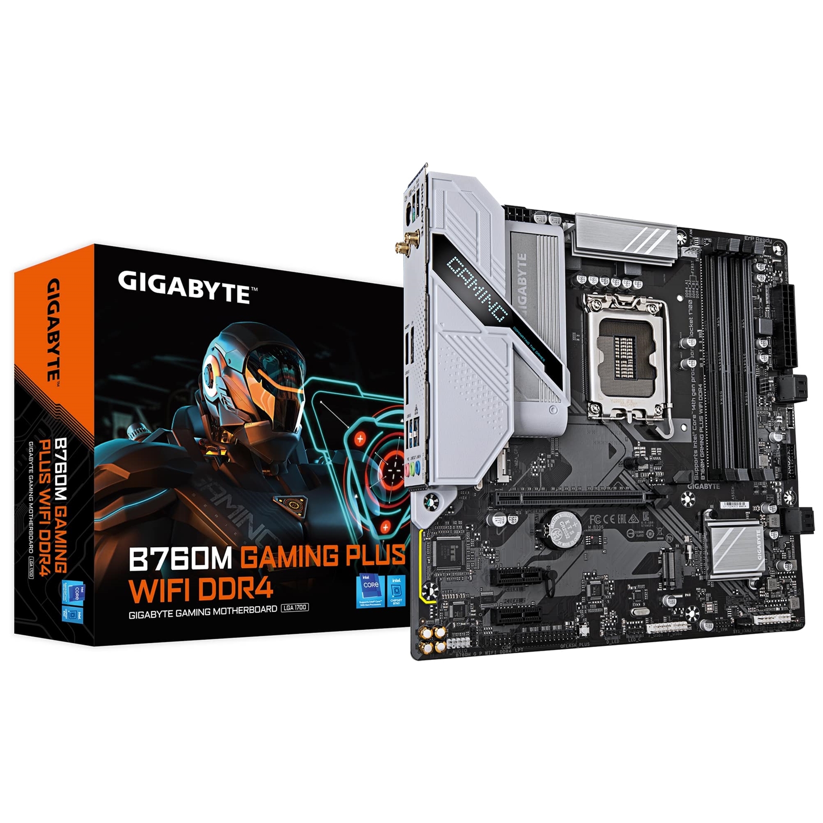 (image for) Gigabyte B760M GAMING PLUS WIFI DDR4 Intel 1700 Socket Motherboard, Micro-ATX, 4x DDR4 Slots, 2x M.2 Sockets, 1x USB-C Port, Fitted I/O Shield, GbE LAN, Wi-Fi 6, 1x DisplayPort / 1x HDMI Port