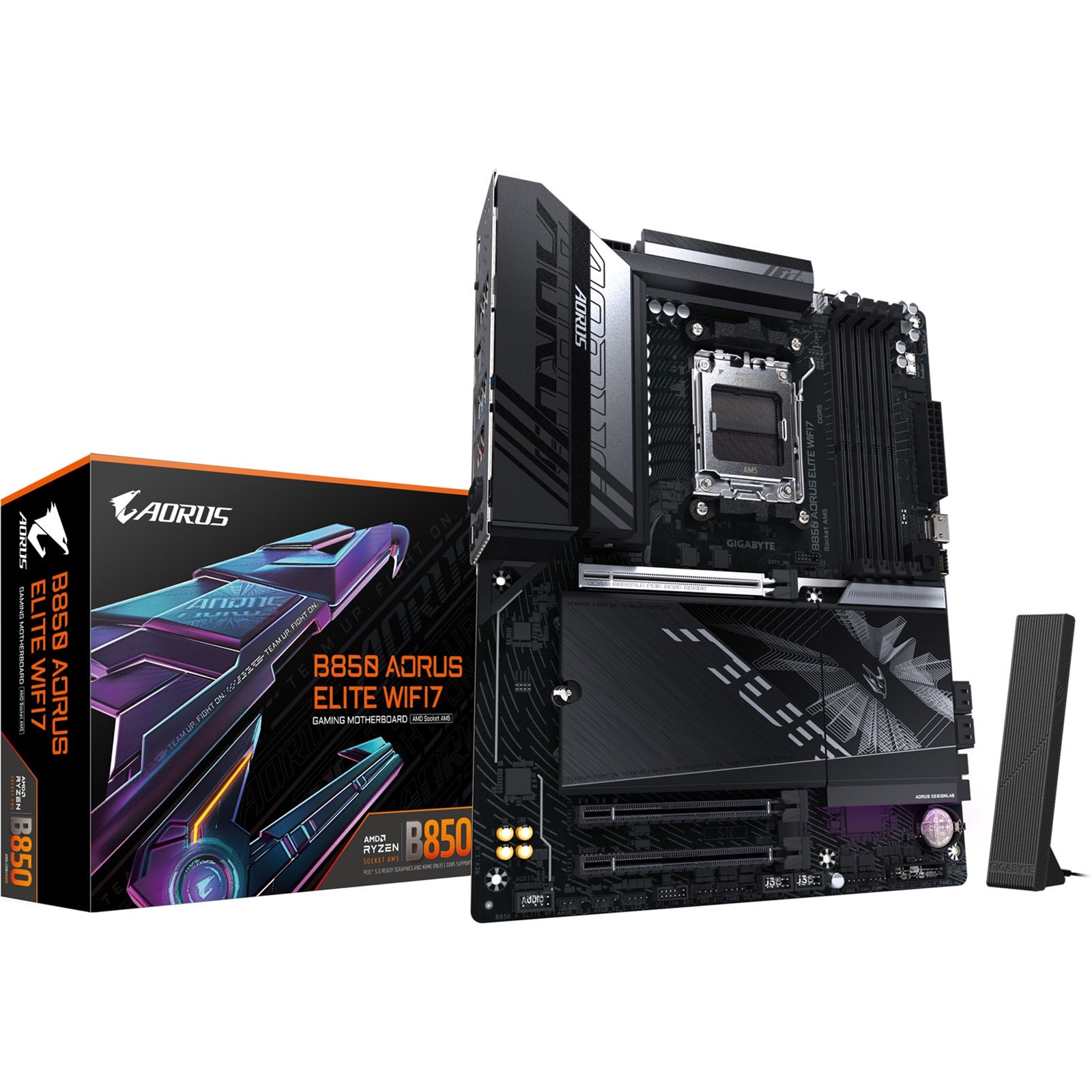 (image for) Gigabyte B850 AORUS ELITE WIFI7 AMD AM5 Socket Motherboard, ATX, 4x DDR5 Slots, 3x M.2 Sockets, 2x USB-C Port, Fitted I/O Shield, 2.5GbE LAN, Wi-Fi 7, 1x DisplayPort / 1x HDMI Port