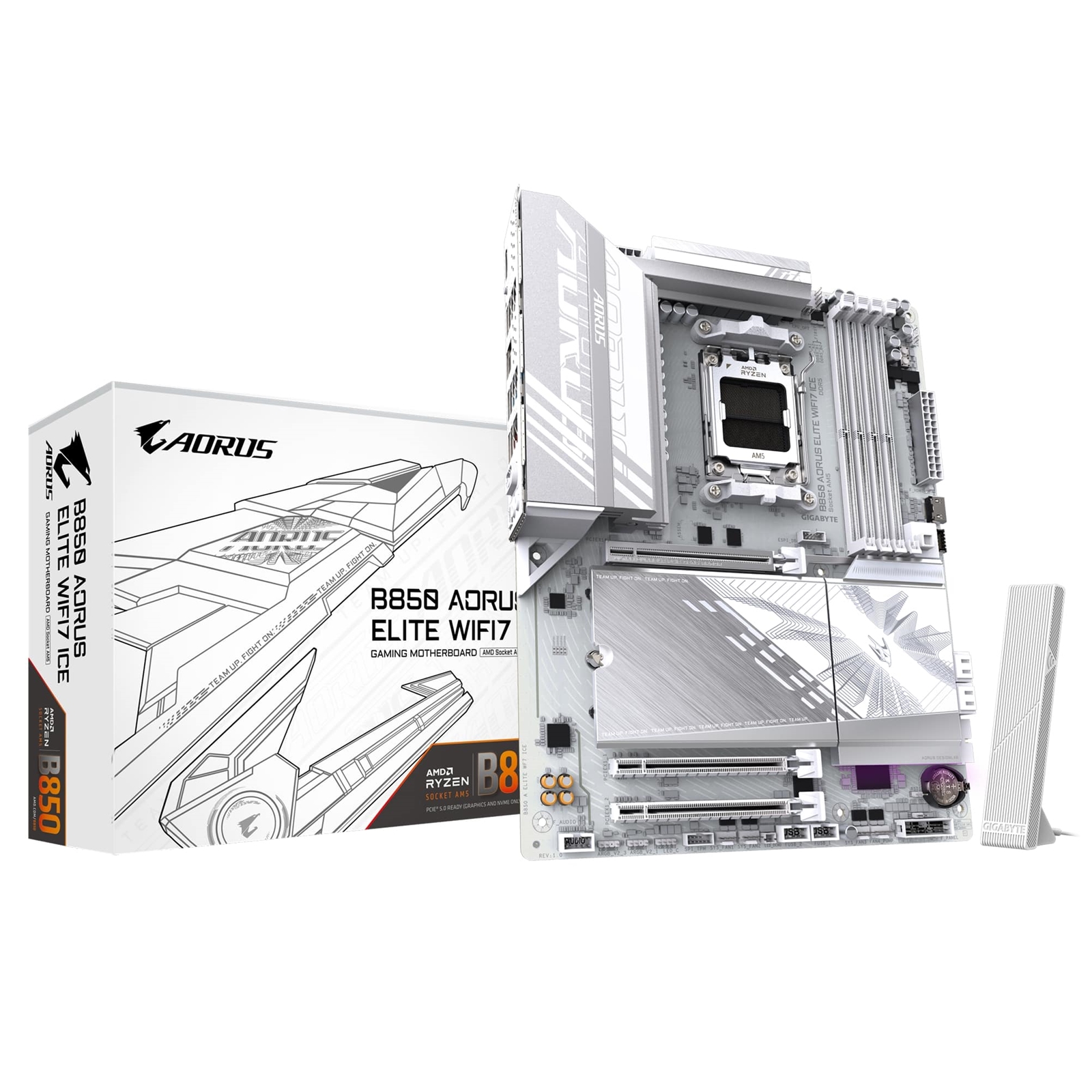 Gigabyte B850 AORUS ELITE WIFI7 ICE AMD AM5 Socket Motherboard, ATX, 4x DDR5 Slots, 3x M.2 Sockets, Fitted I/O Shield, 2.5GbE LAN, Wi-Fi 7, 1x DisplayPort / 1x HDMI Port