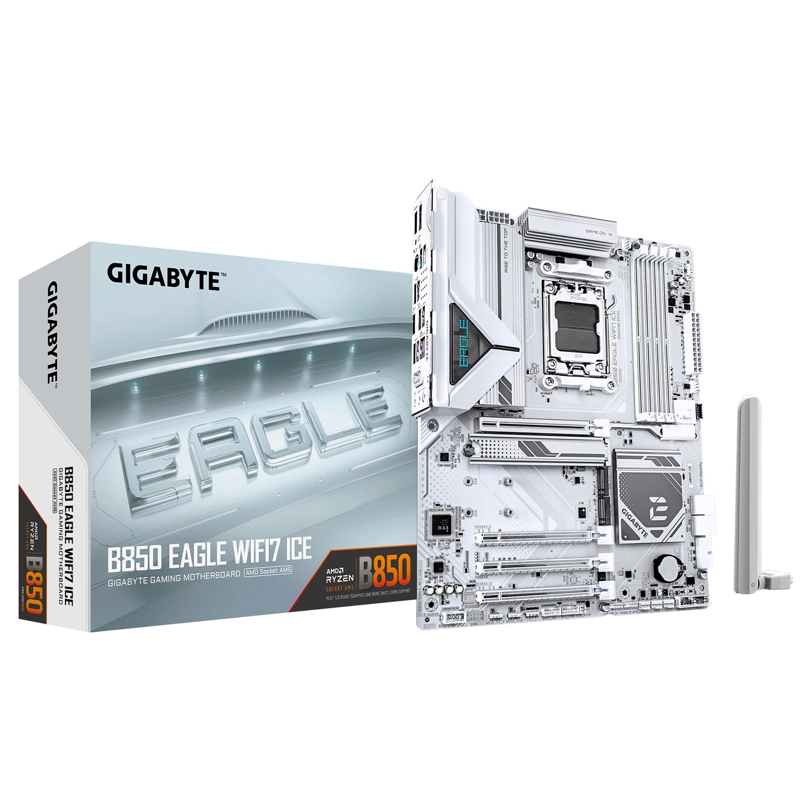 Gigabyte B850 EAGLE WIFI7 ICE AMD AM5 Socket Motherboard, ATX, 4x DDR5 Slots, 3x M.2 Socket, Fitted I/O Shield, 2.5GbE LAN, Wi-Fi 7, 1x DisplayPort / 1x HDMI Port