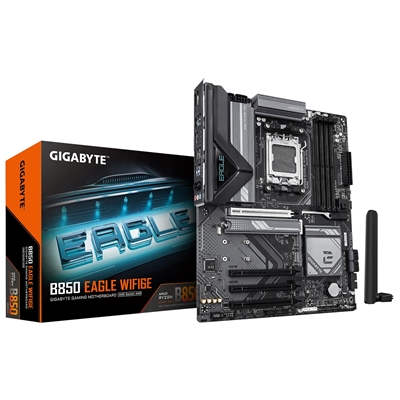 Gigabyte B850 EAGLE WIFI6E AMD AM5 Socket Motherboard, ATX, 4x DDR5 Slots, 3x M.2 Sockets, Fitted I/O Shield, GbE LAN, Wi-Fi 6E, 1x DisplayPort / 1x HDMI Port