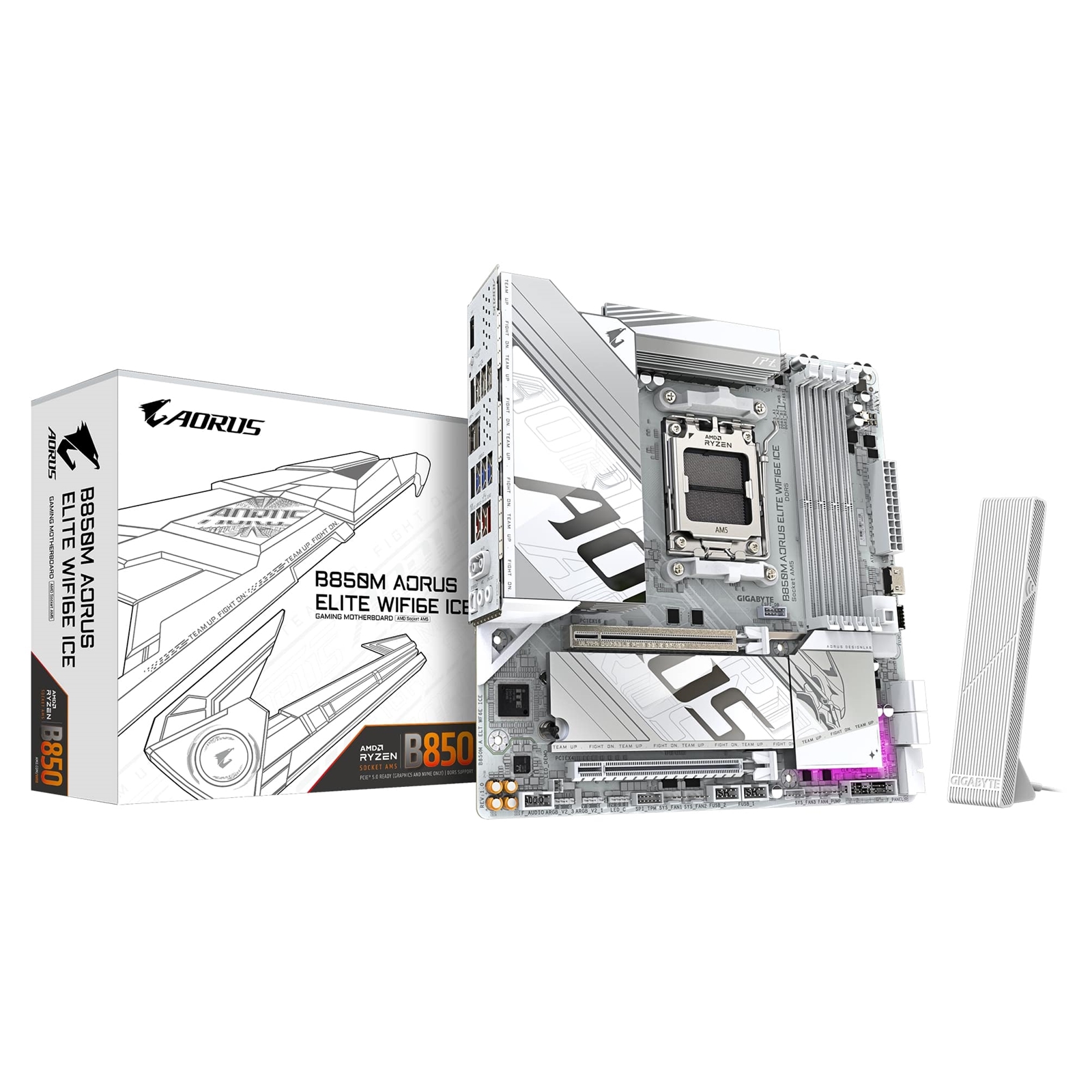 (image for) Gigabyte B850M AORUS ELITE WIFI6E ICE AMD AM5 Socket Motherboard, Micro-ATX, 4x DDR5 Slots, 2x M.2 Sockets, 2x USB-C Port, Fitted I/O Shield, 2.5GbE LAN, Wi-Fi 6E, 1x DisplayPort / 1x HDMI Port