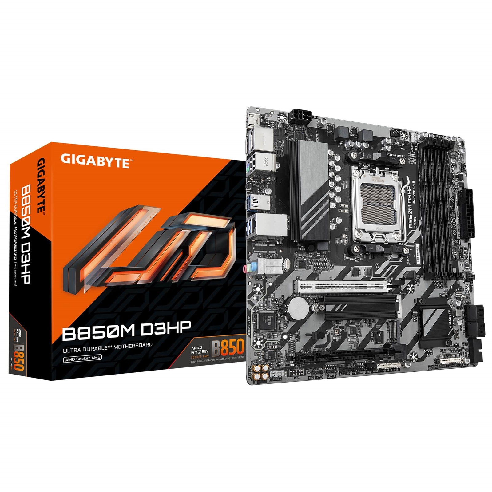 (image for) Gigabyte B850M D3HP AMD AM5 Socket Motherboard, Micro-ATX, 4x DDR5 Slots, 2x M.2 Sockets, 2x USB-C Port, GbE LAN, 2x DisplayPorts / 1x HDMI Port