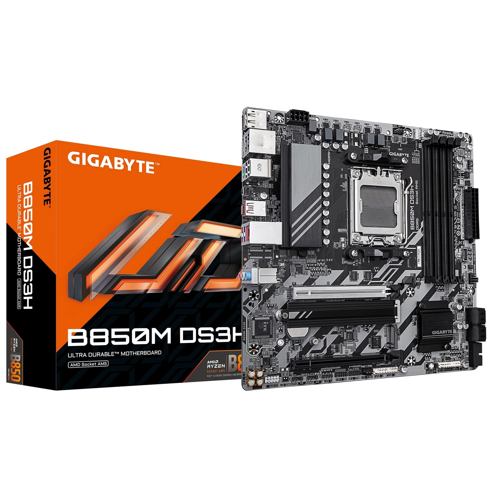 (image for) Gigabyte B850M DS3H AMD AM5 Socket Motherboard, Micro-ATX, 4x DDR5 Slots, 2x M.2 Sockets, 2x USB-C Port, 2.5GbE LAN, 2x DisplayPorts / 1x HDMI Port