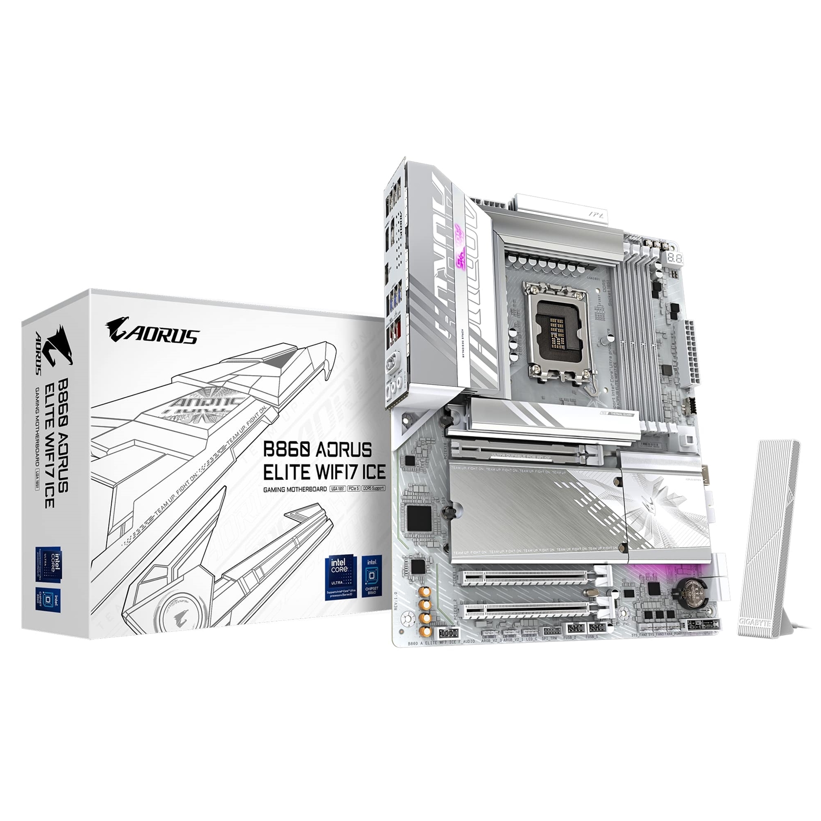 (image for) Gigabyte B860 AORUS ELITE WIFI7 ICE Intel 1851 Socket Motherboard, ATX, 4x DDR5 Slots, 3x M.2 Sockets, 2x USB-C Port, Fitted I/O Shield, 2.5GbE LAN, Wi-Fi 7, 1x DisplayPort / 2x HDMI / 1x USB-C (USB4)