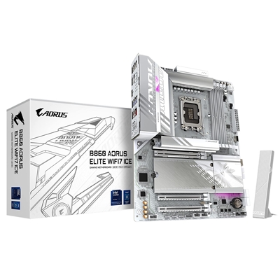 Gigabyte B860 AORUS ELITE WIFI7 ICE Intel 1851 Socket Motherboard, ATX, 4x DDR5 Slots, 3x M.2 Sockets, Fitted I/O Shield, 2.5GbE LAN, Wi-Fi 7, 1x DisplayPort / 2x HDMI / 1x USB-C (USB4)
