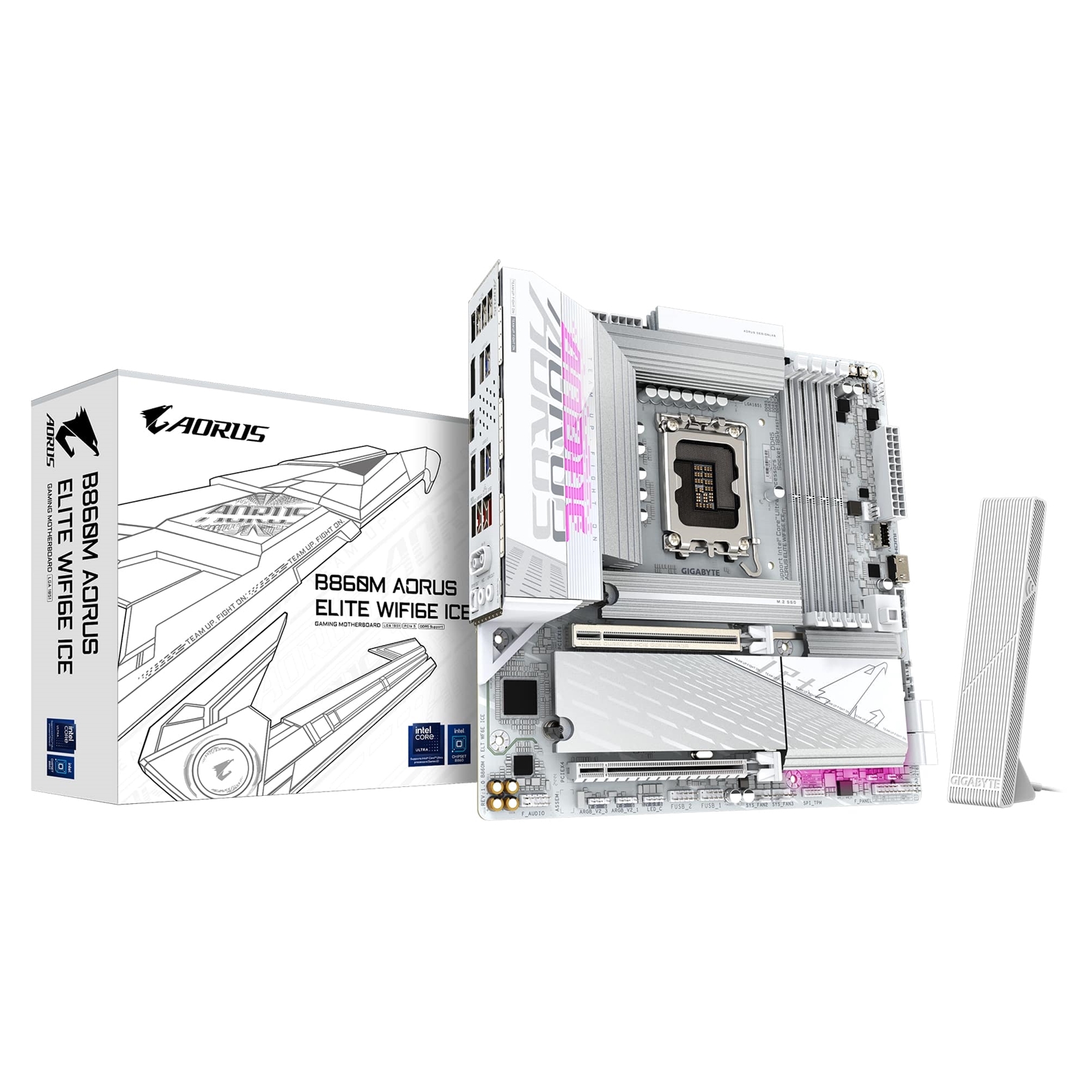 (image for) Gigabyte B860M AORUS ELITE WIFI6E ICE Intel 1851 Socket Motherboard, Micro-ATX, 4x DDR5 Slots, 3x M.2 Sockets, 2x USB-C Port, Fitted I/O Shield, 2.5GbE LAN, Wi-Fi 6E, 1x DisplayPort / 2x HDMI / 1x USB-C (USB4)
